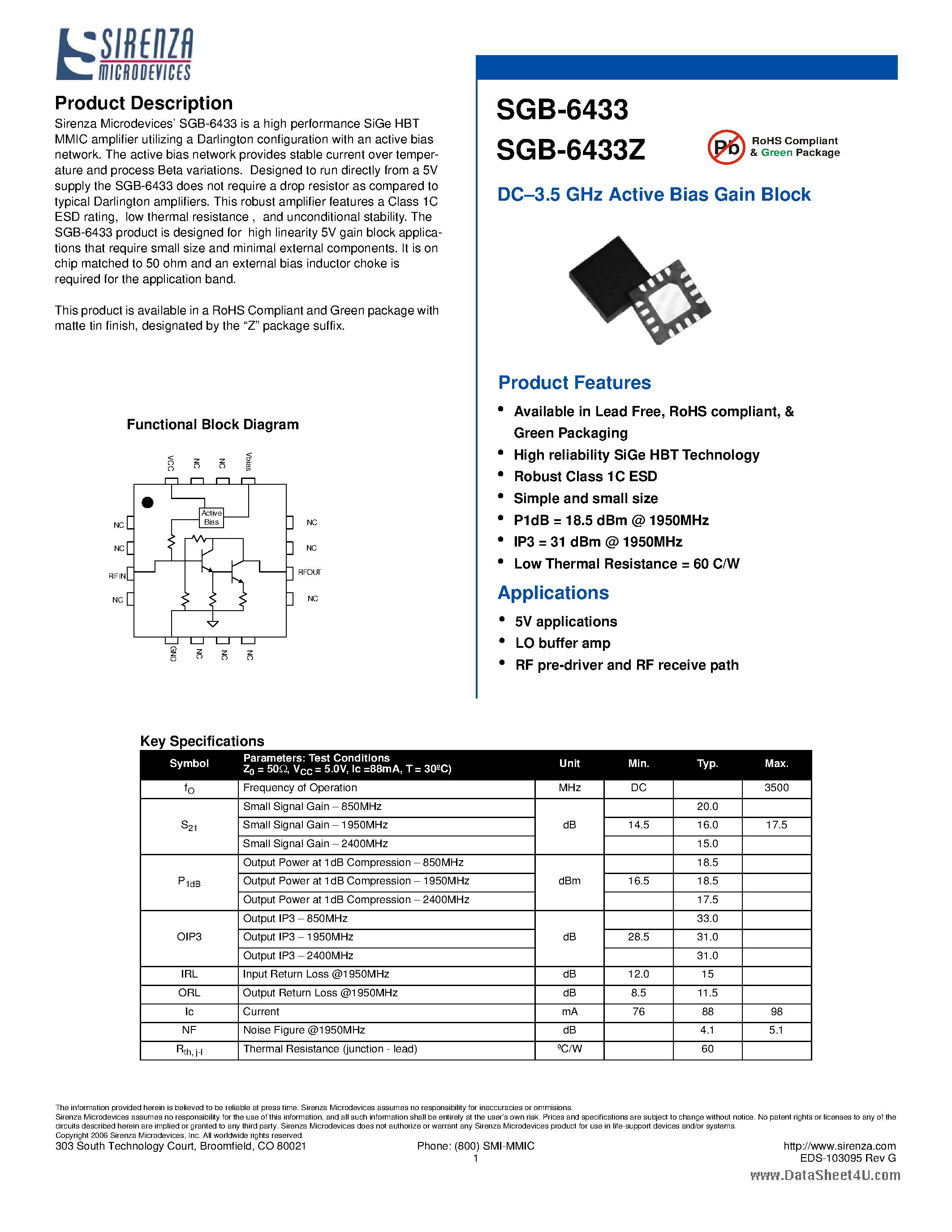 Даташит SGB-6433 - DC-3.5 GHz Active Bias Gain Block страница 1