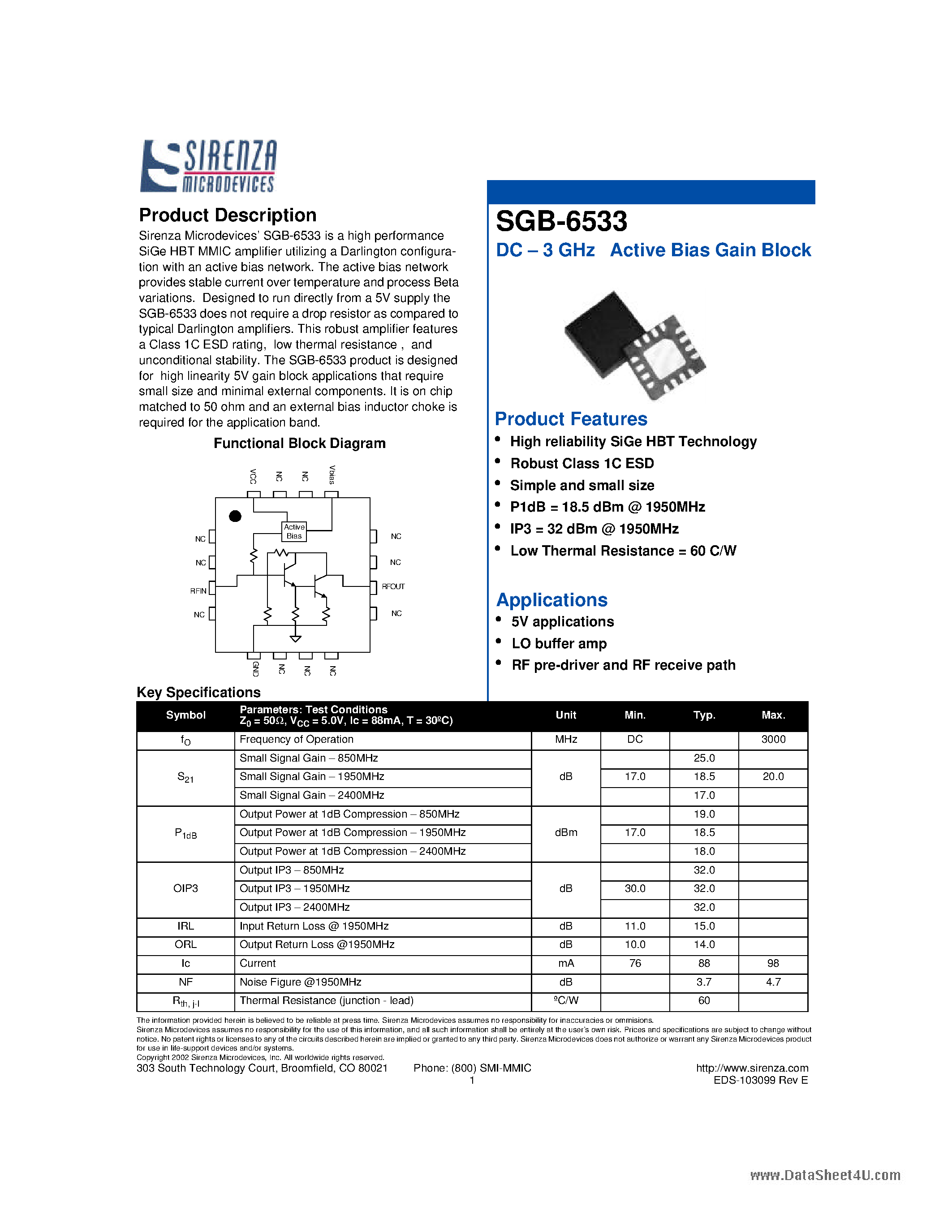 Даташит SGB-6533 - DC - 3 GHz Active Bias Gain Block страница 1