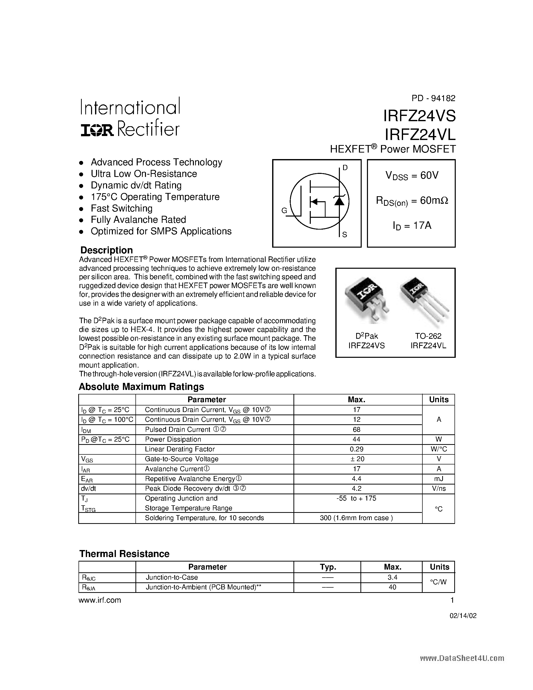 Даташит IRFZ24VL - HEXFET Power MOSFET страница 1