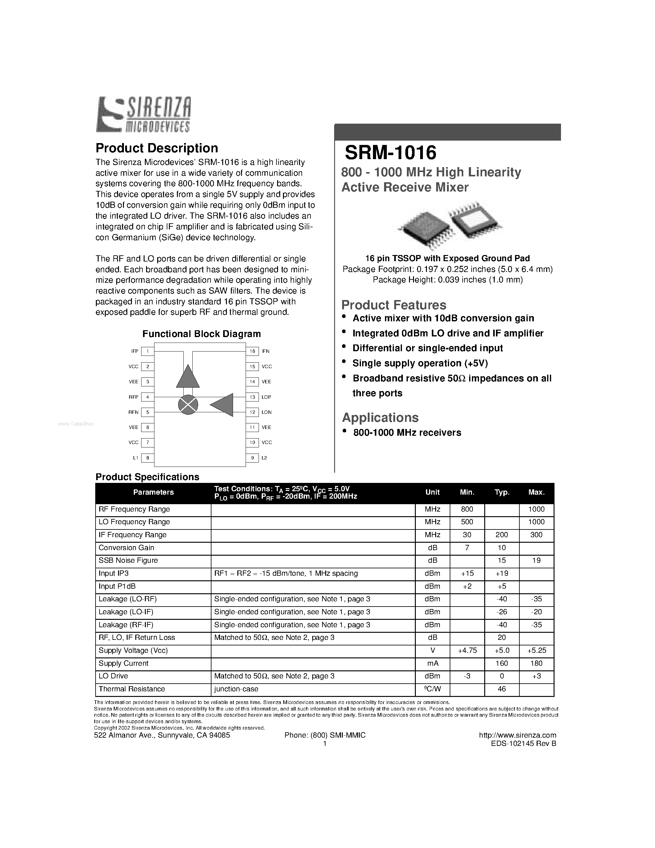 Даташит SRM-1016 - High Linearity Active Receive Mixer страница 1