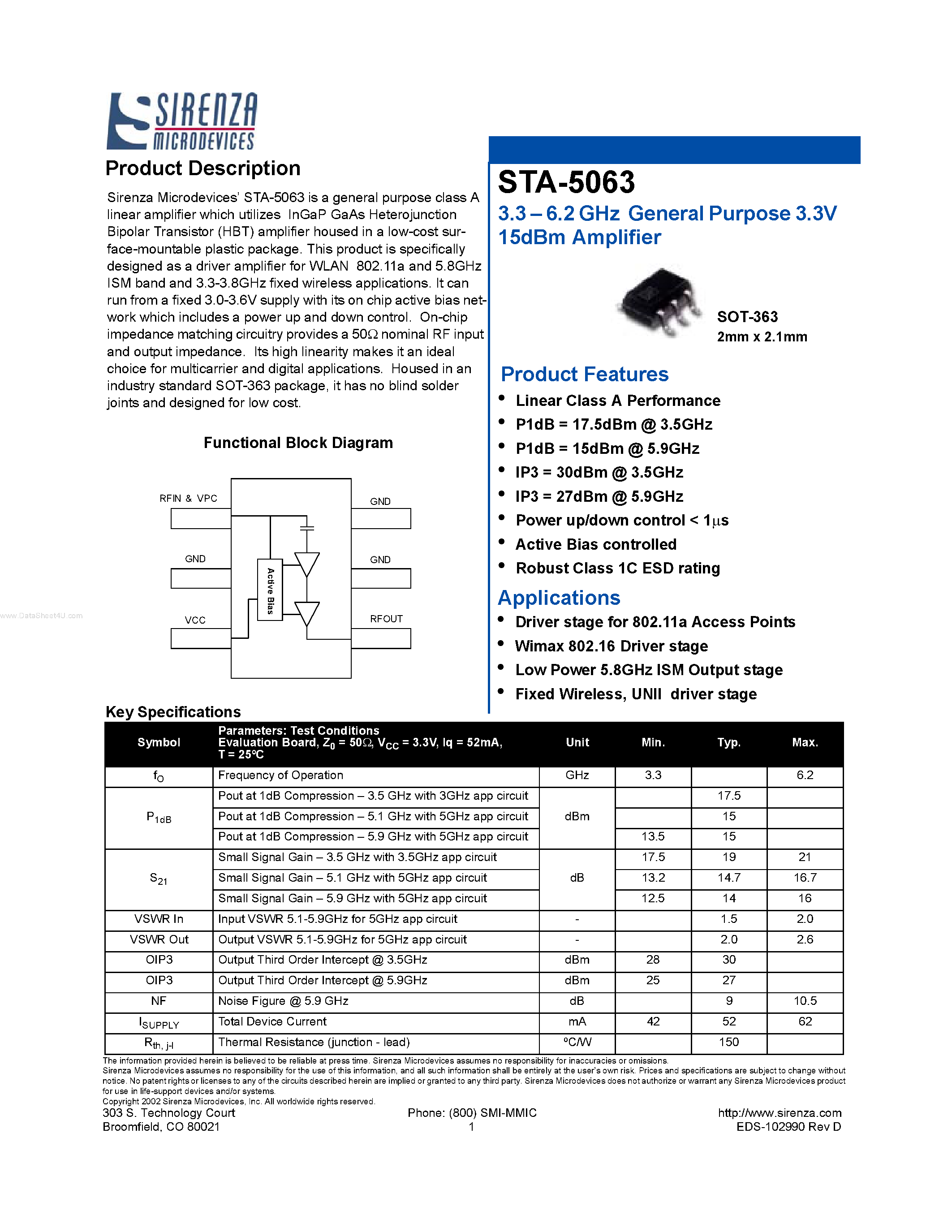 Datasheet STA-5063 - General Purpose 3.3V 15dBm Amplifier page 1