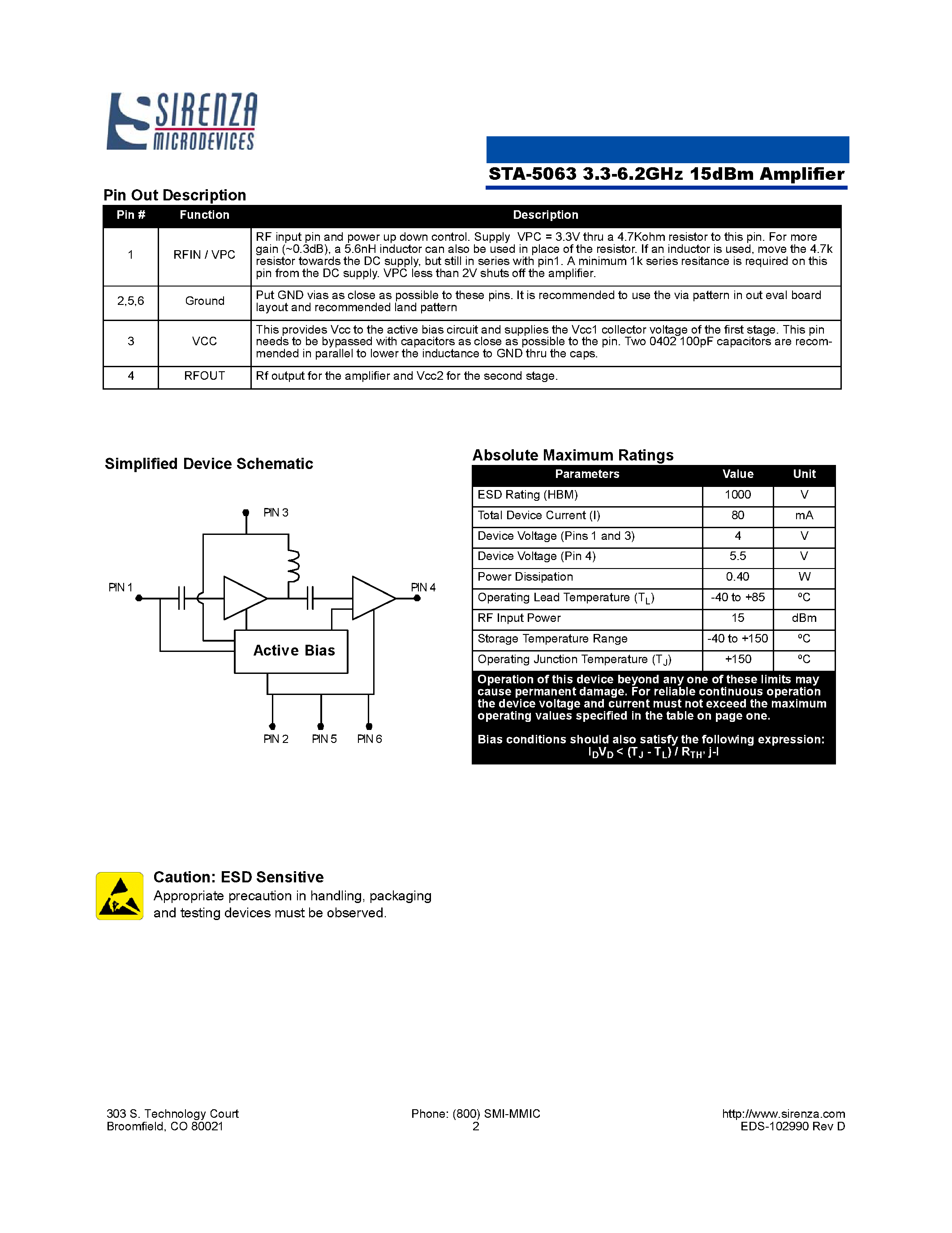 Datasheet STA-5063 - General Purpose 3.3V 15dBm Amplifier page 2