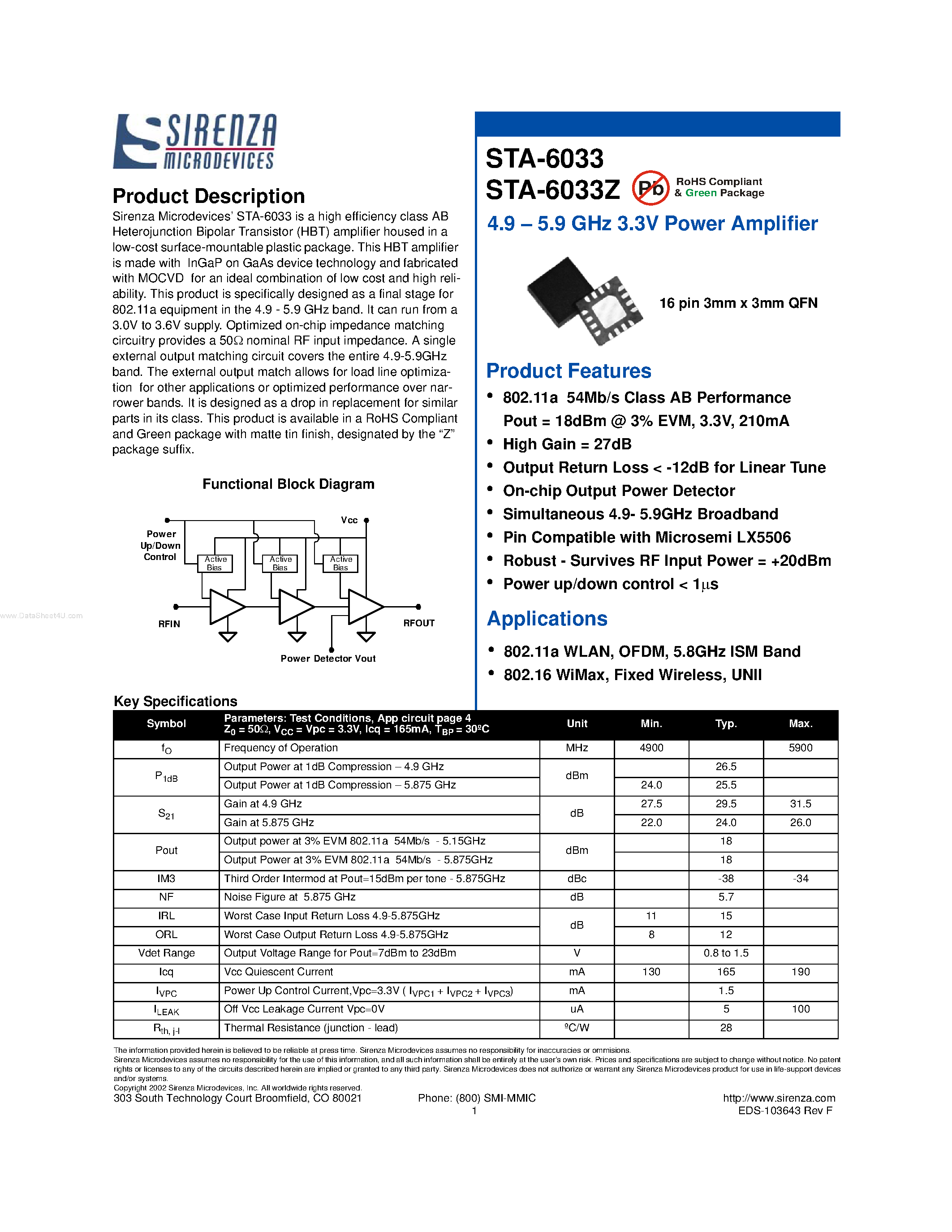 Datasheet STA-6033 - Power Amplifier page 1