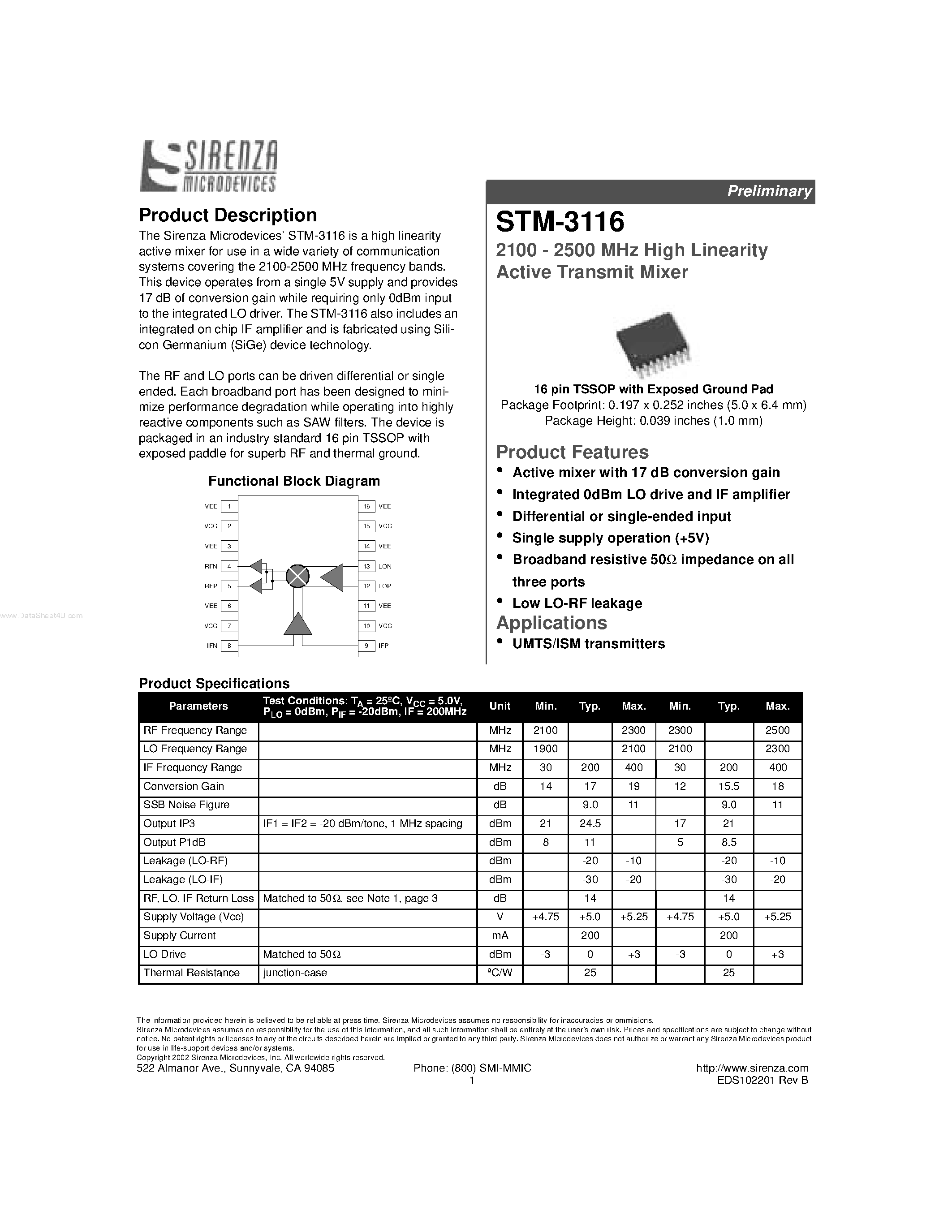 Даташит STM-3116 - High Linearity Active Transmit Mixer страница 1