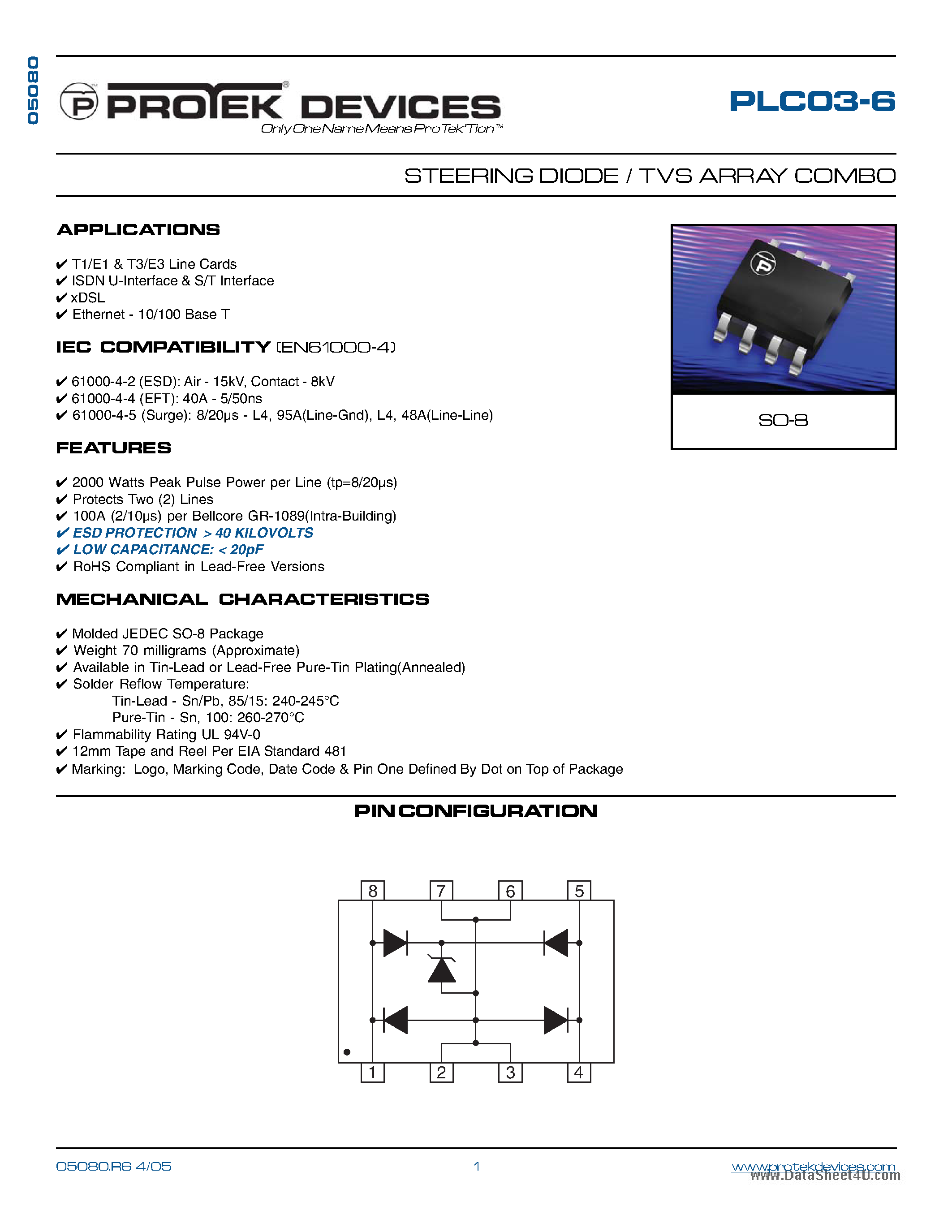 Даташит PLC03-6 - STEERING DIODE / TVS ARRAY COMBO страница 1