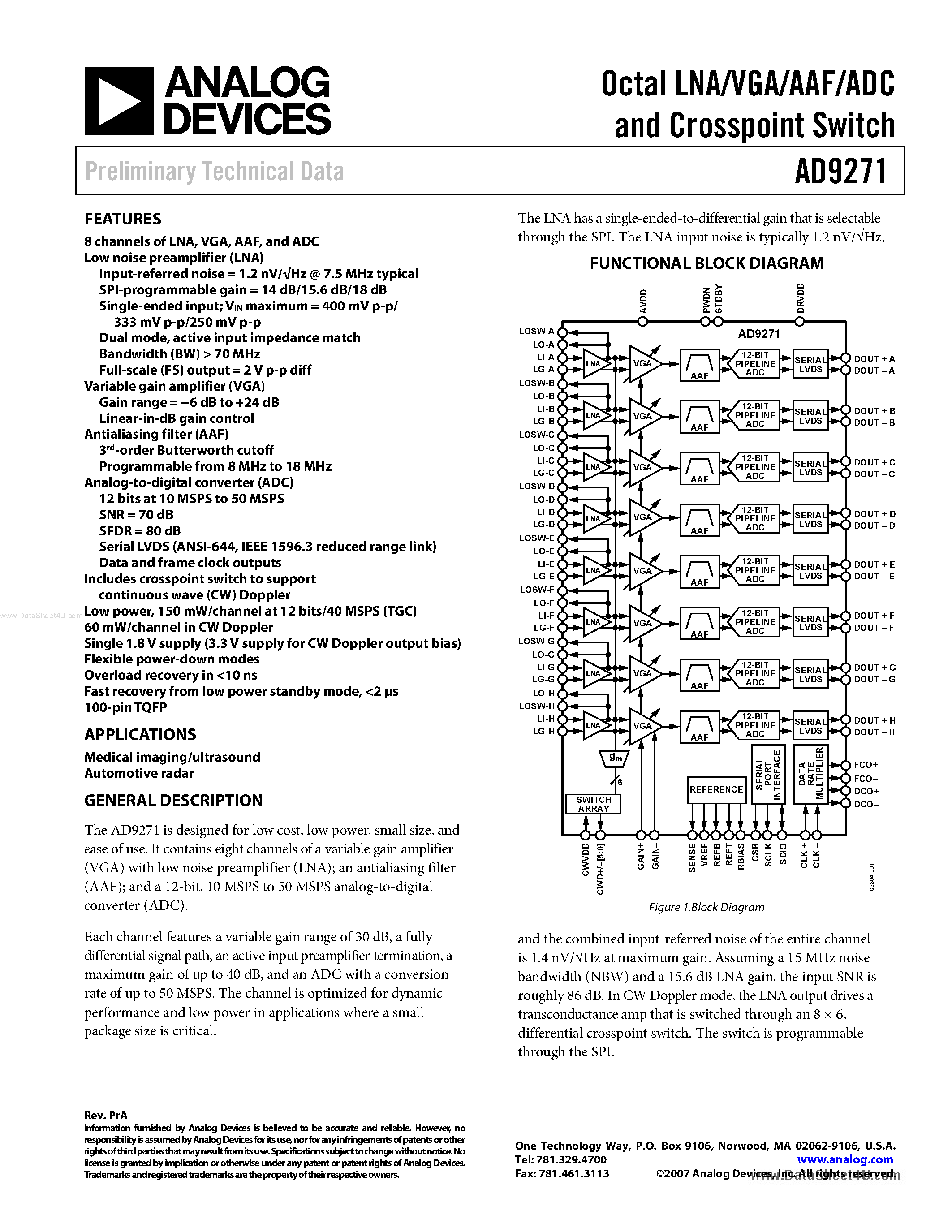 Datasheet AD9271 - Octal LAN/VGA/AAF/ADC and Crosspoint Switch page 1