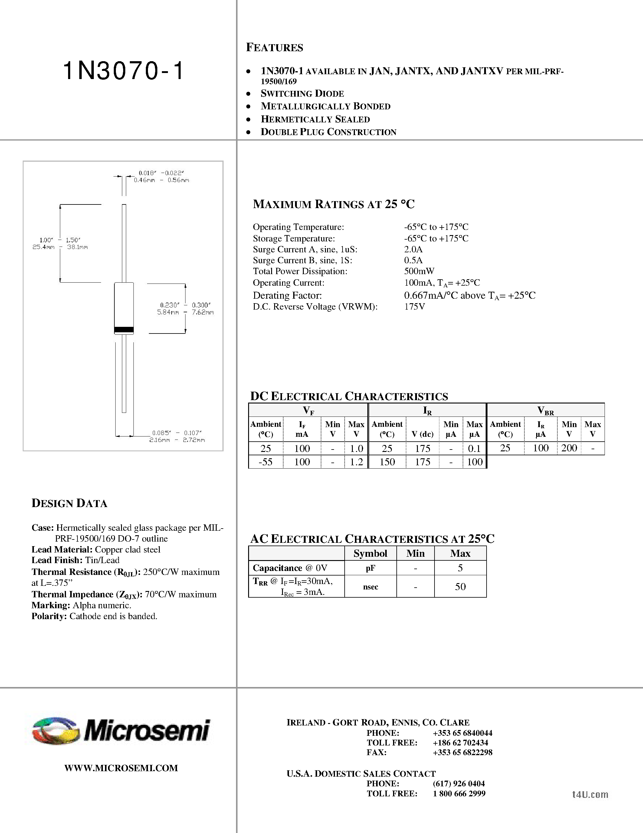 Datasheet 1N3070-1 - SWITCHING DIODE page 1