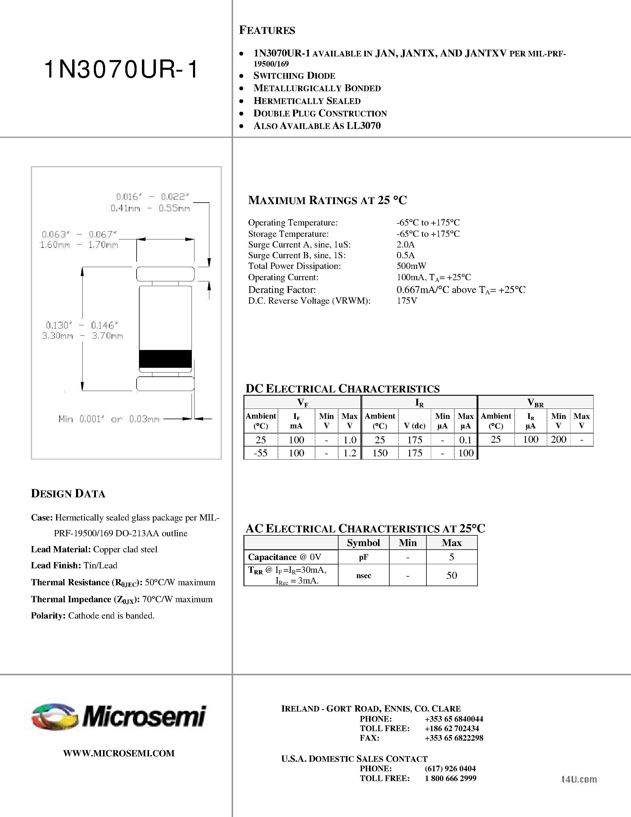 Datasheet 1N3070UR-1 - SWITCHING DIODE page 1