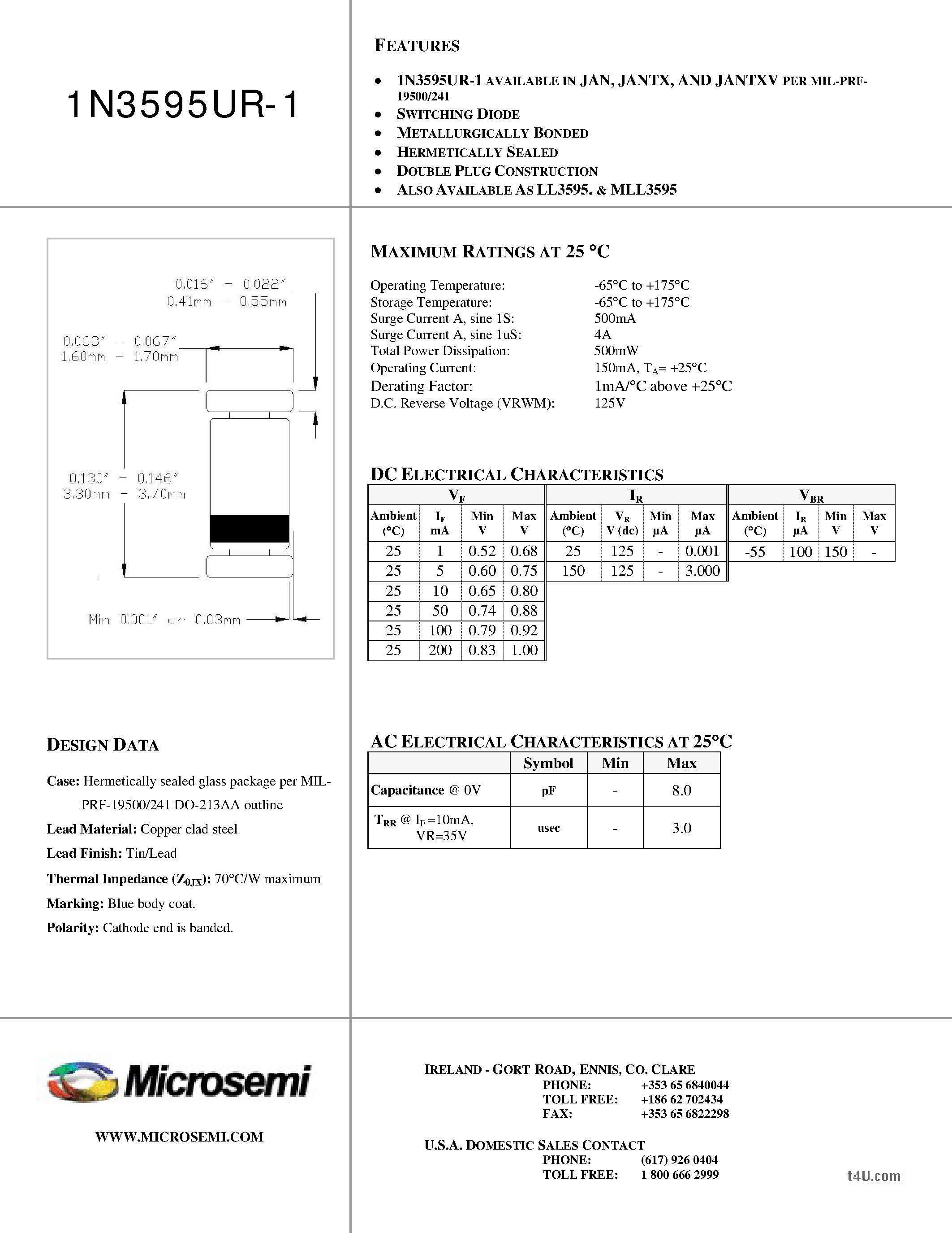 Datasheet 1N3595UR-1 - SWITCHING DIODE page 1