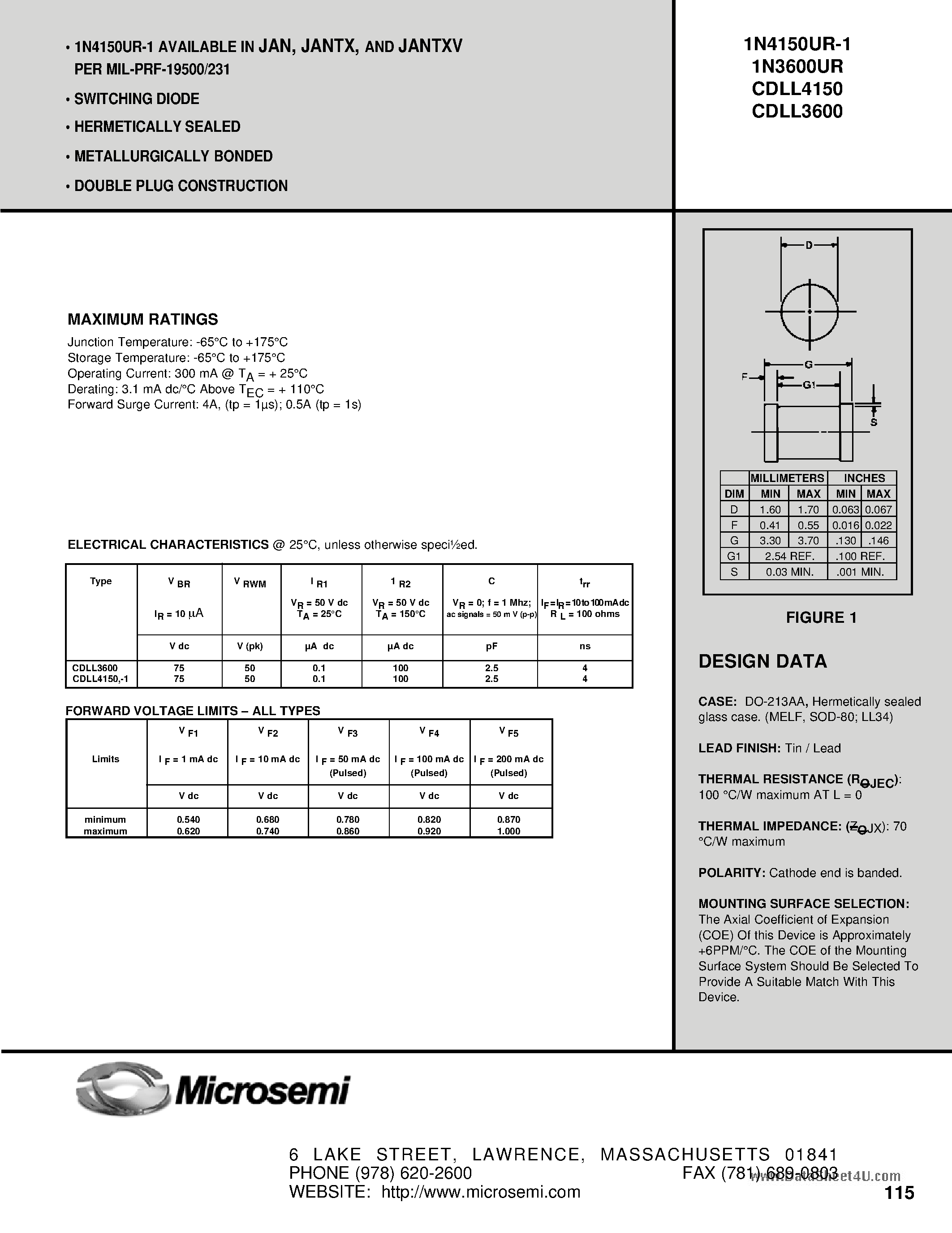 Datasheet 1N3600UR - SWITCHING DIODE page 1