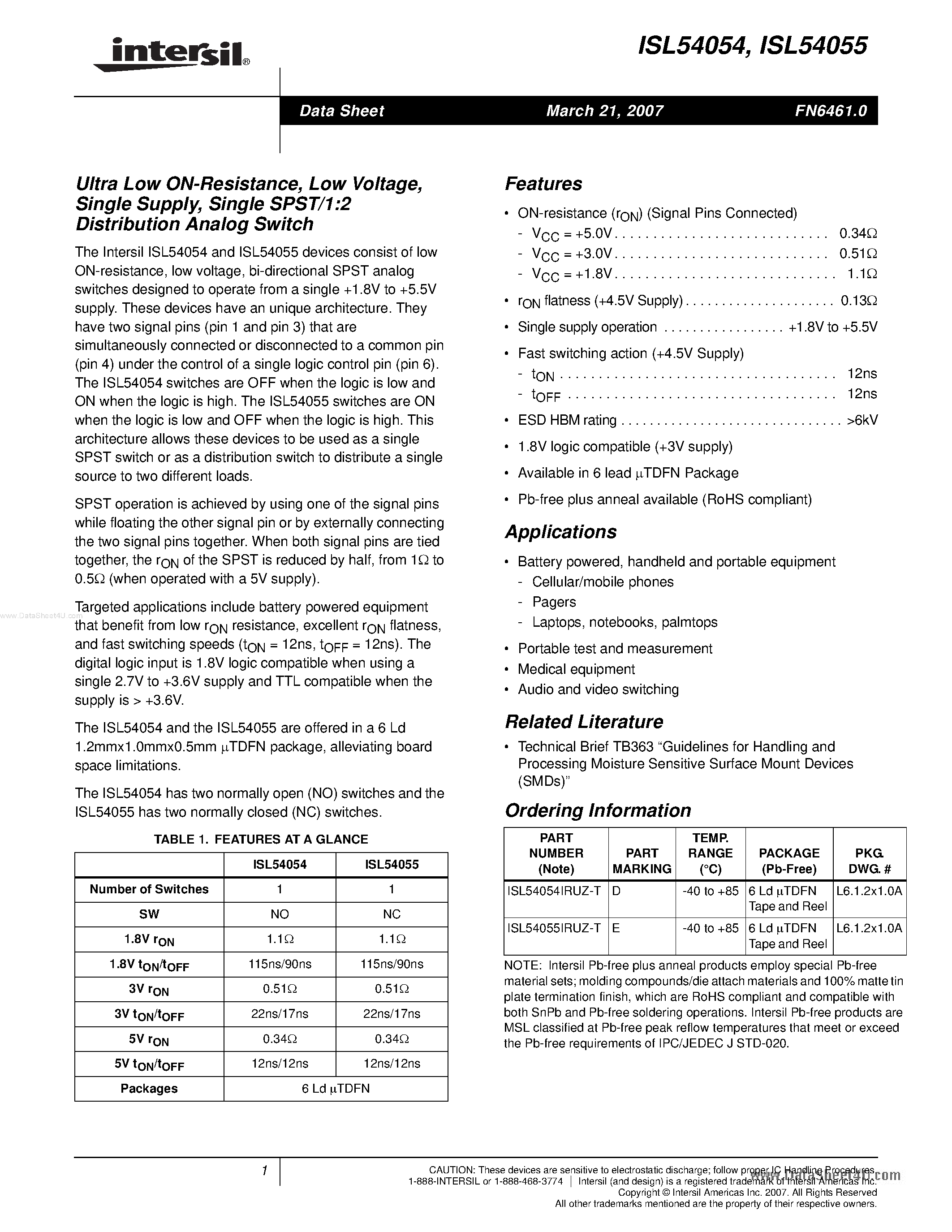 Datasheet ISL54054 - (ISL54054 / ISL54055) Ultra Low ON-Resistance / Distribution Analog Switch page 1