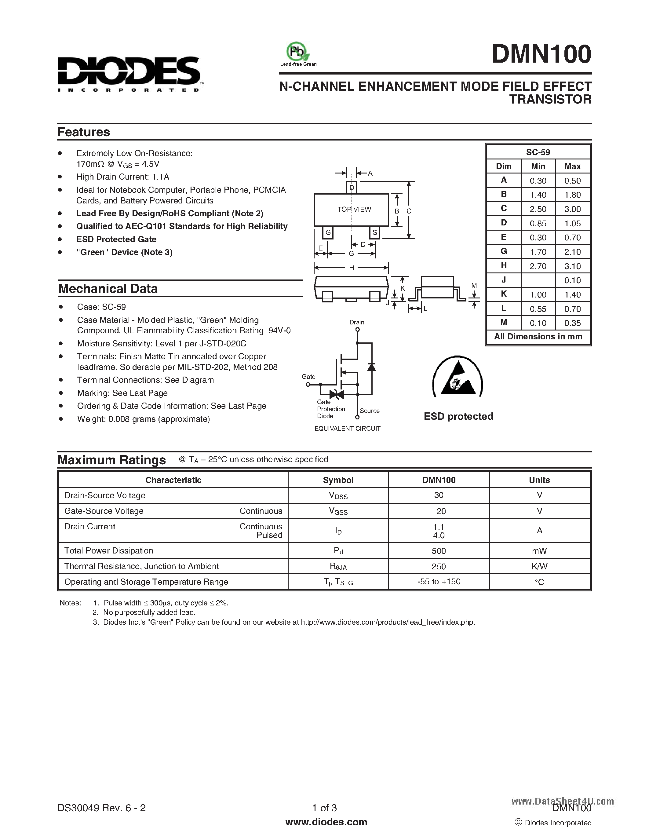 Даташит DMN100 - N-CHANNEL ENHANCEMENT MODE FIELD EFFECT TRANSISTOR страница 1