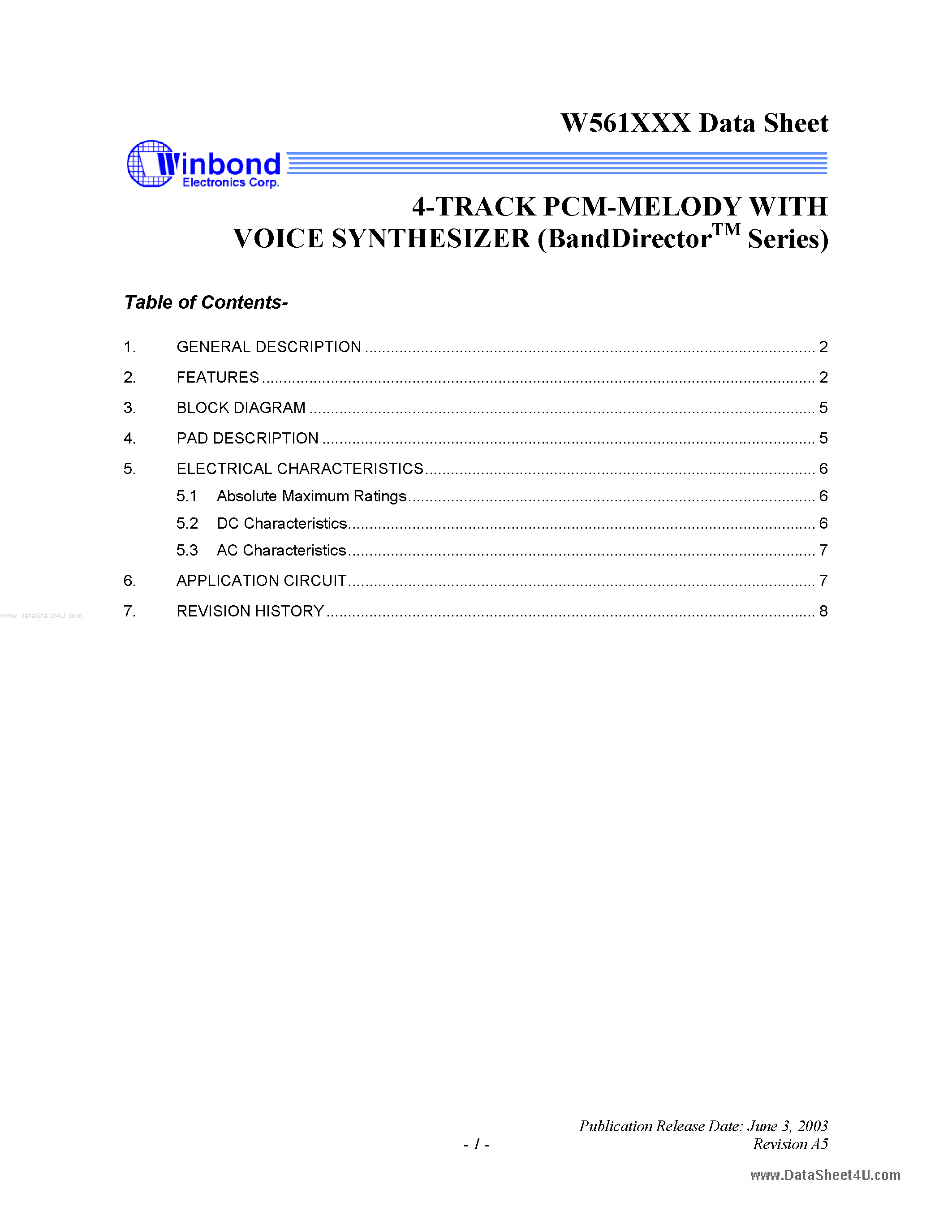 Datasheet W561M02 - (W561xxx) 4-Track PCM Melody page 1