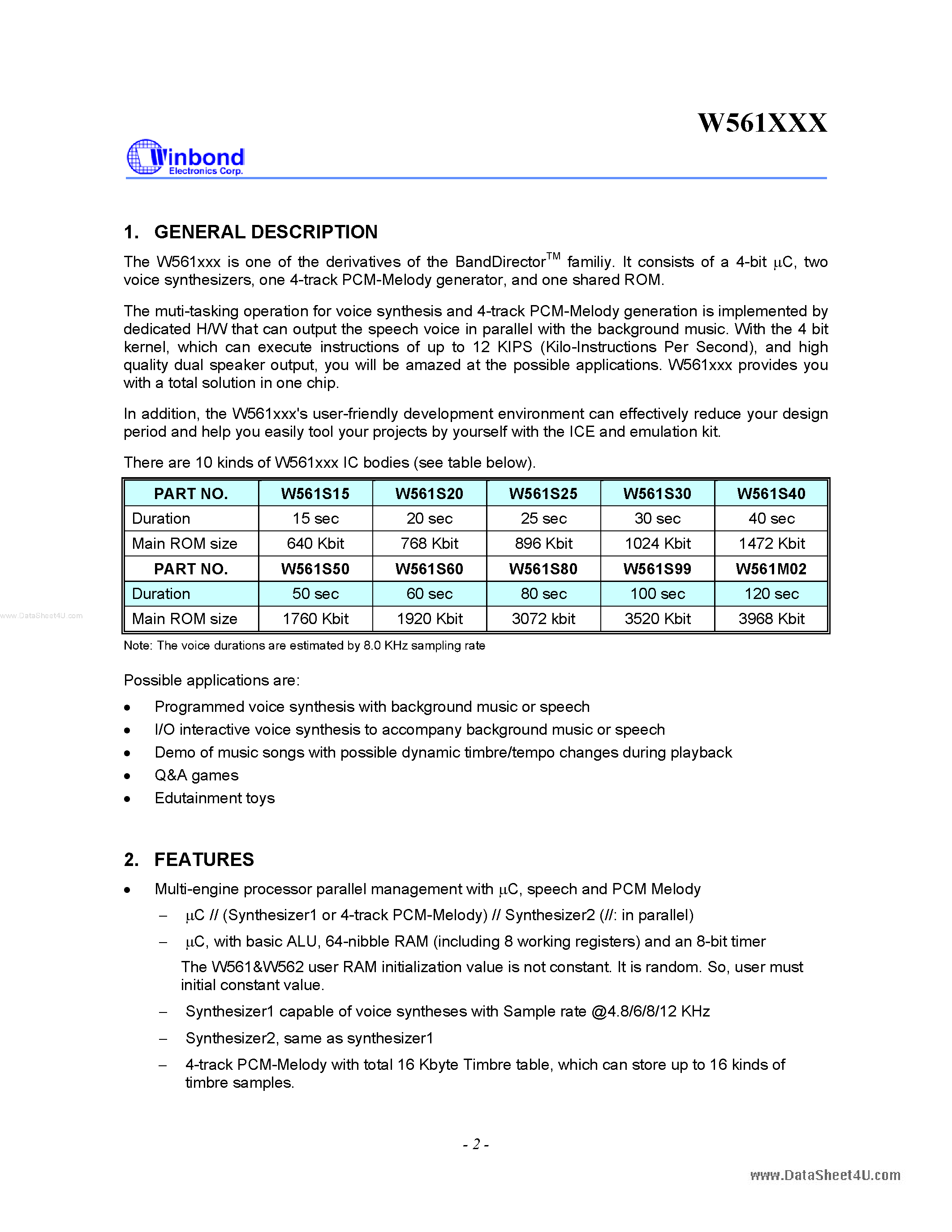 Datasheet W561M02 - (W561xxx) 4-Track PCM Melody page 2