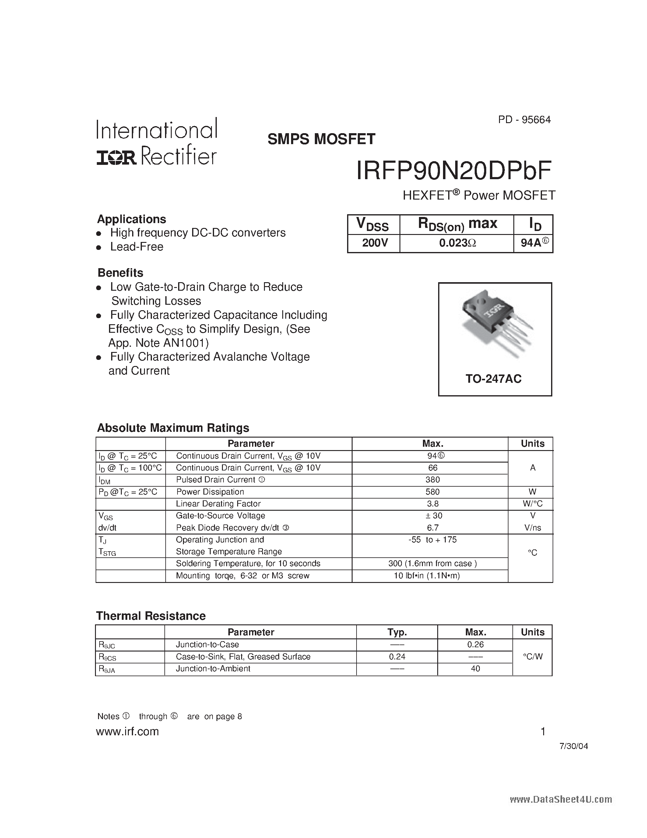 Datasheet IRFP90N20DPBF - SMPS MOSFET page 1