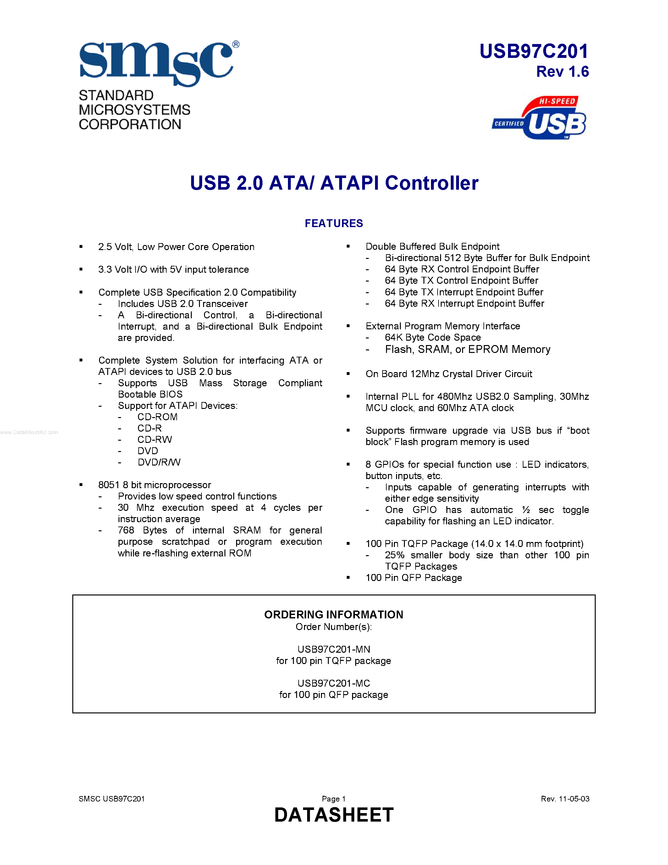 Даташит USB97C201 - USB 2.0 ATA/ ATAPI Controller страница 1