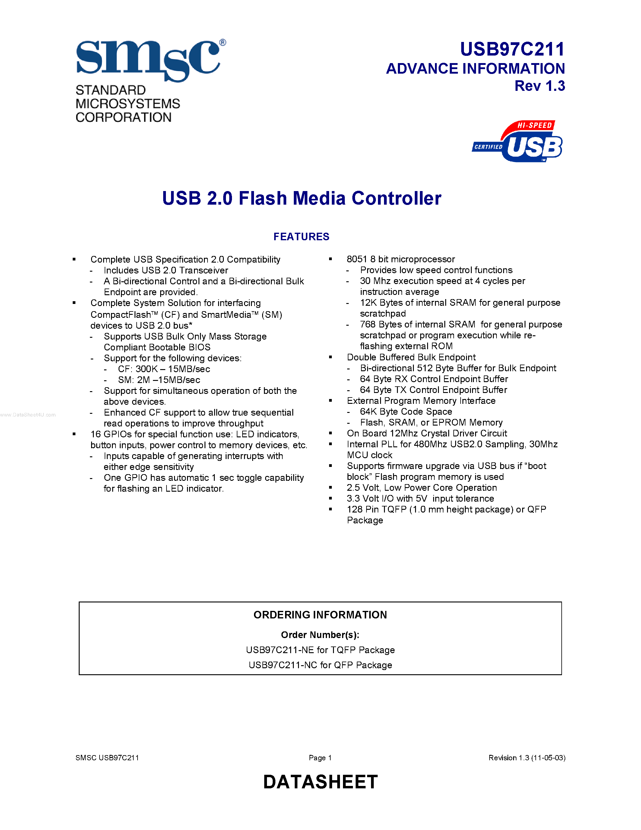 Даташит USB97C211 - USB 2.0 Flash Media Controller страница 1