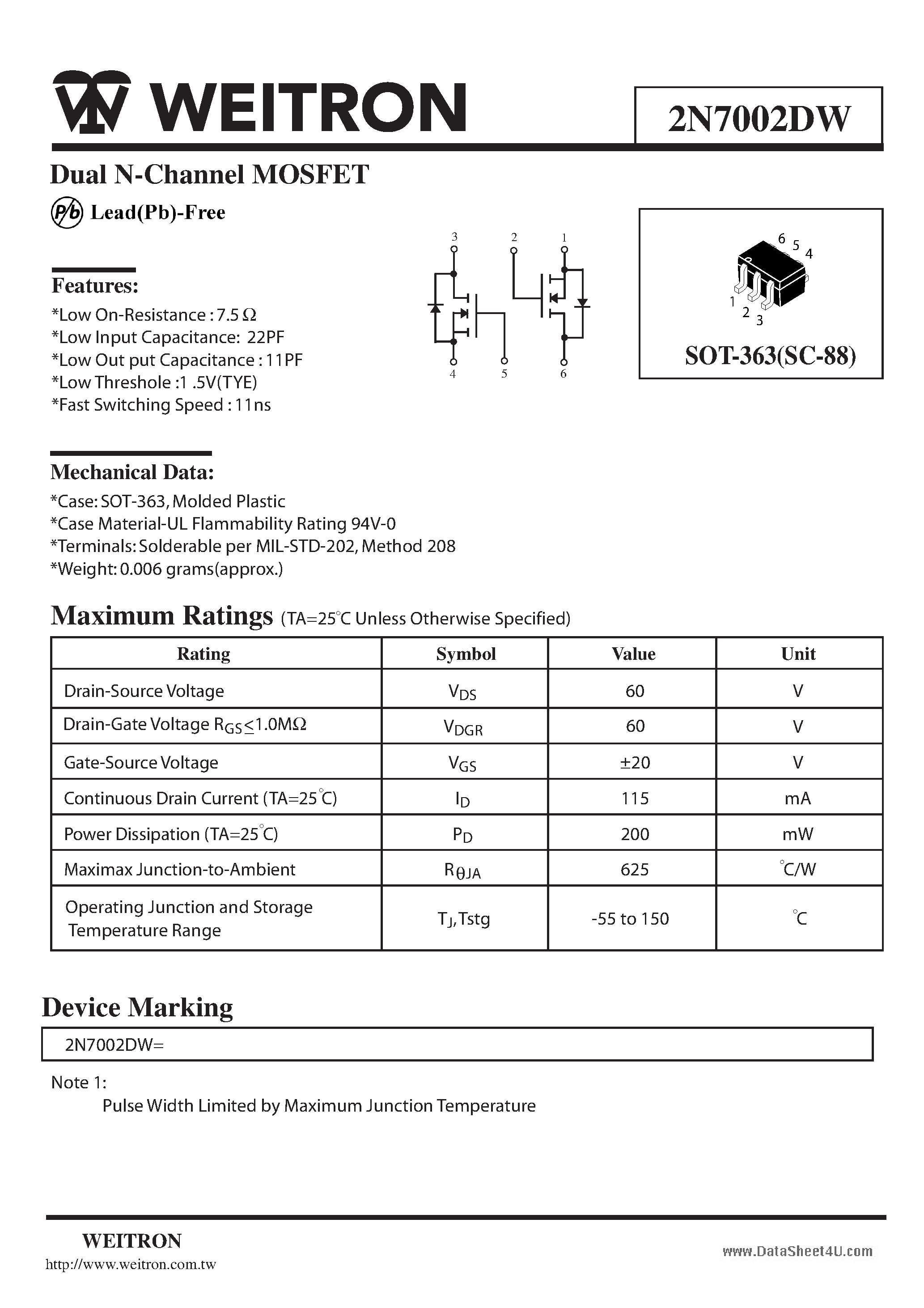 Даташит 2N7002DW - Dual N-Channel MOSFET страница 1