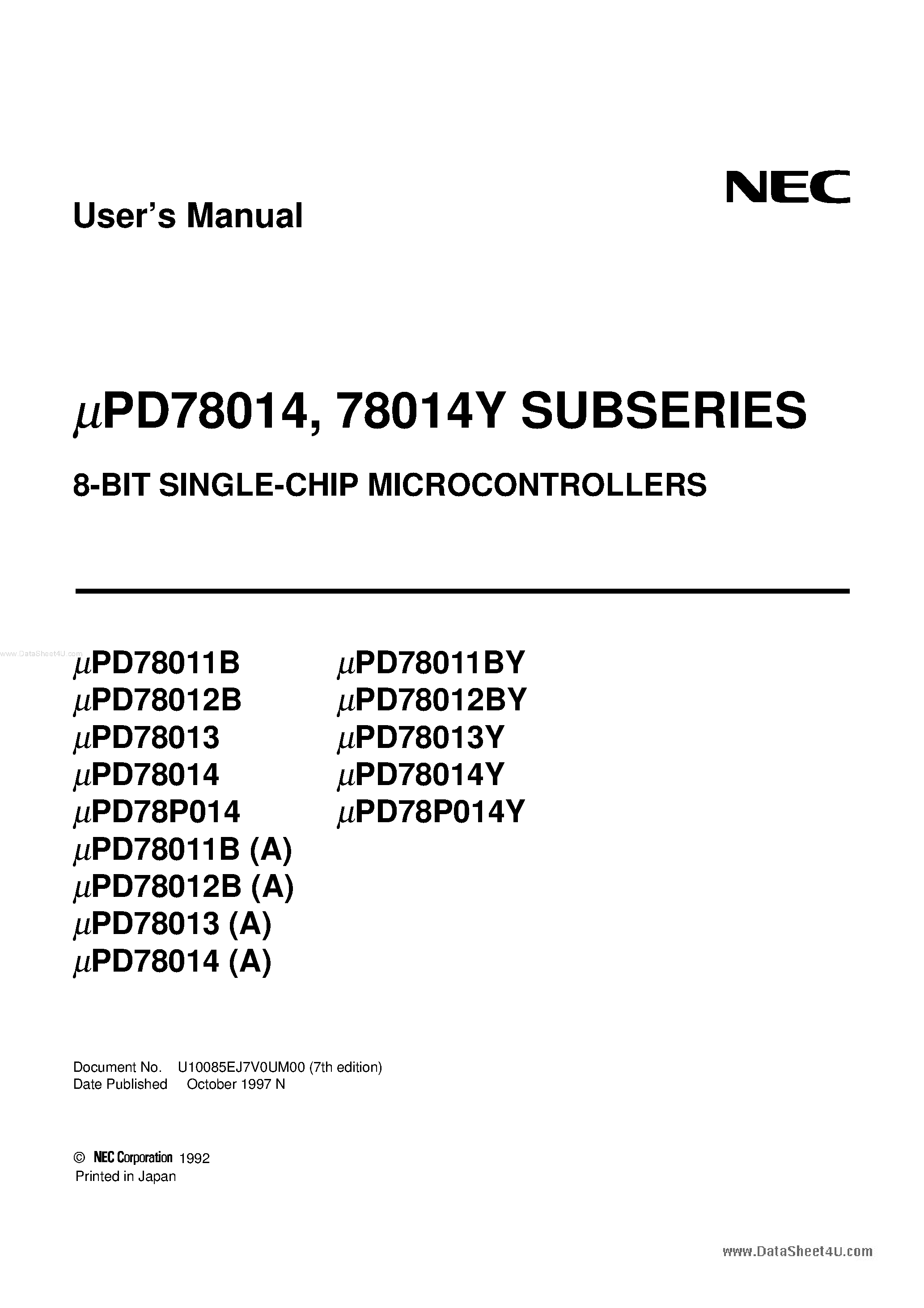 Даташит UPD78011B - 8-Bit Single-Chip Microcontrollers страница 1