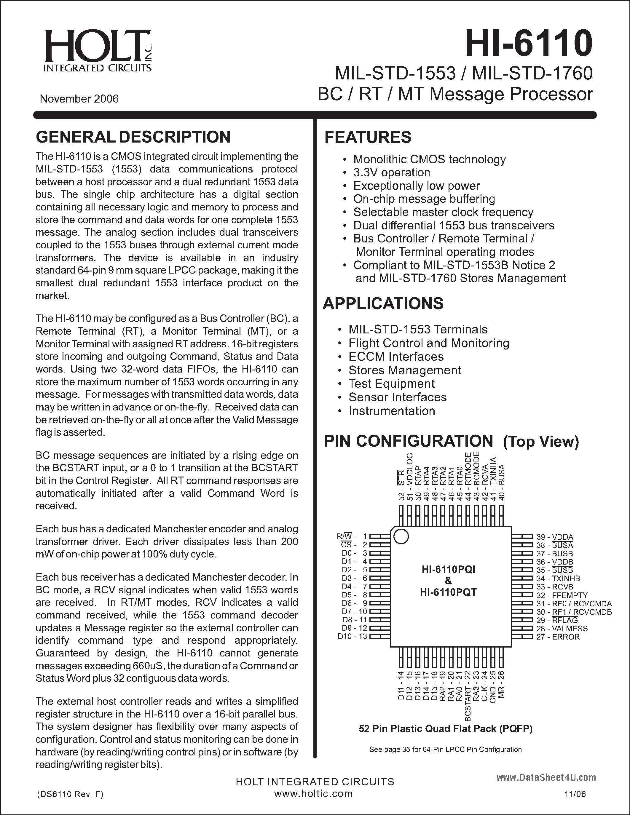 Даташит HI-6110 - MIL-STD-1553 / MIL-STD-1760 BC / RT / MT Message Processor страница 1