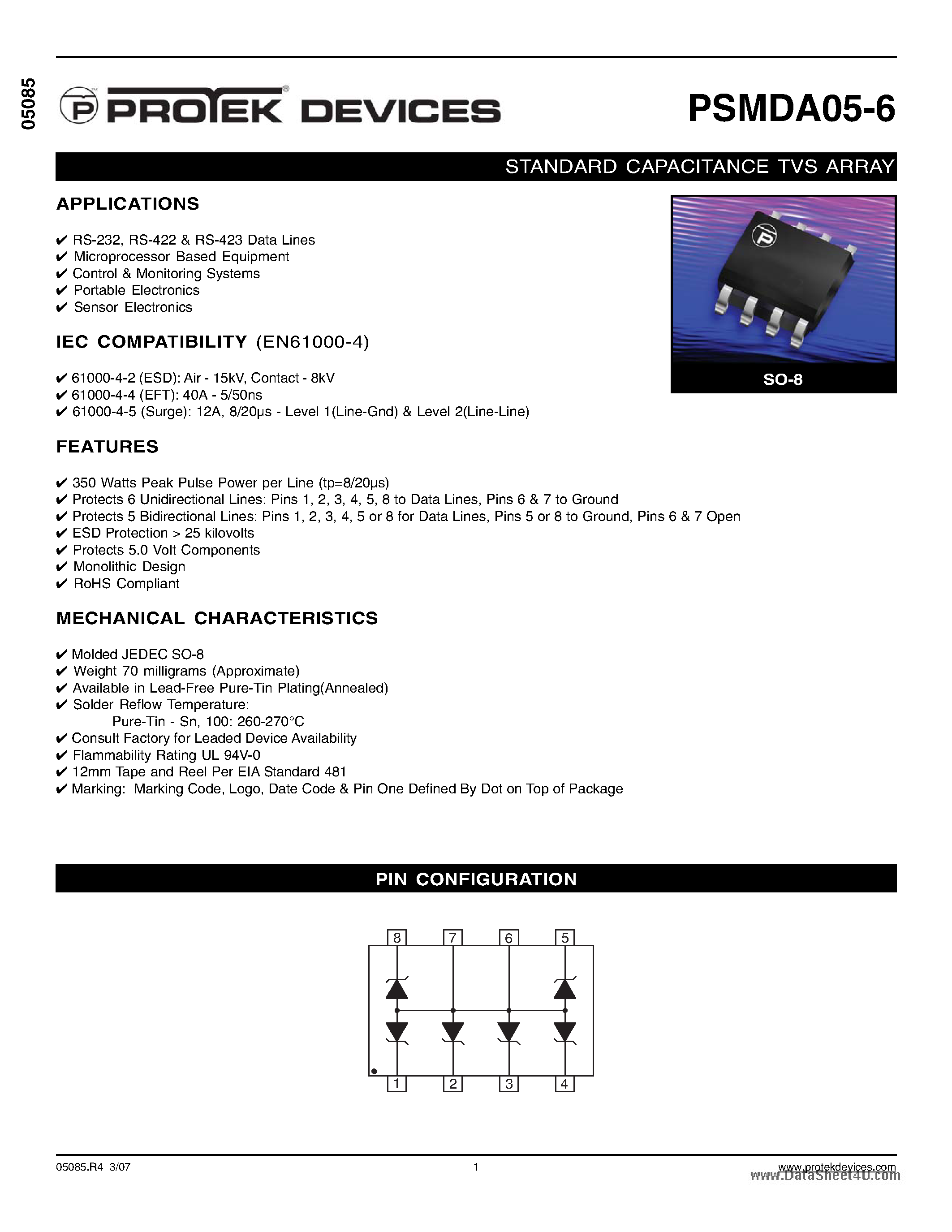 Даташит PSMDA05-6 - STANDARD CAPACITANCE TVS ARRAY страница 1