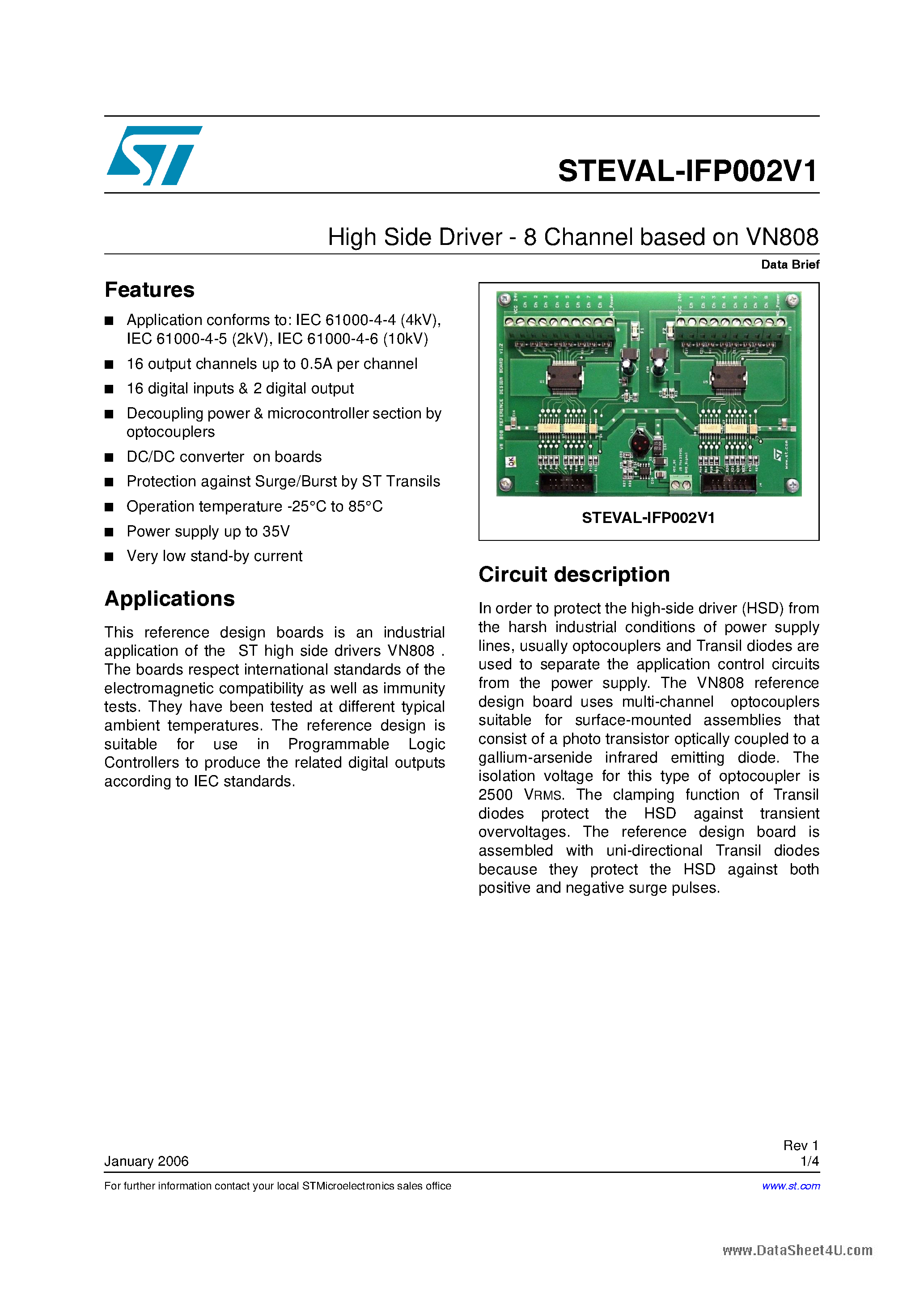 Даташит STEVAL-IFP002V1 - High Side Driver - 8 Channel based on VN808 страница 1