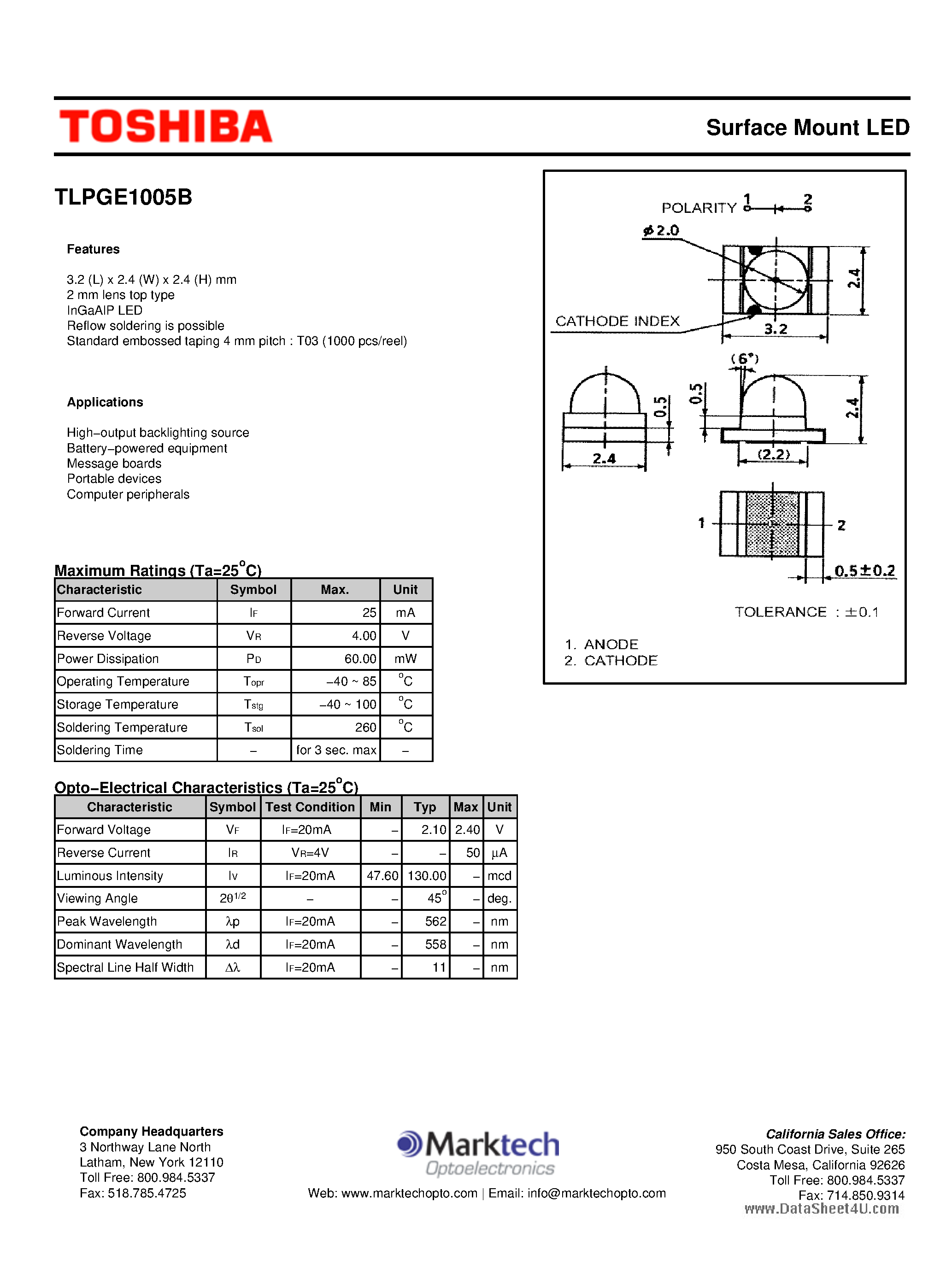 Даташит TLPGE1005B - Surface Mount LED страница 1