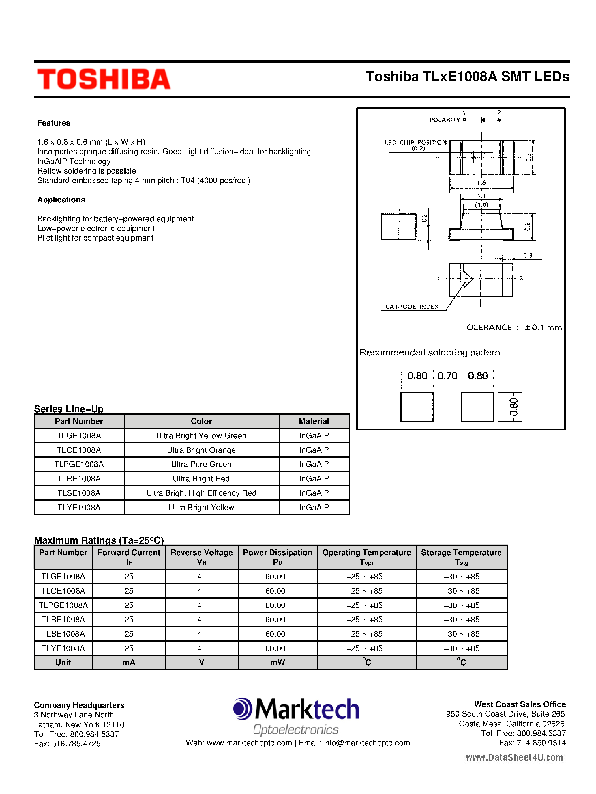 Даташит TLPGE1008A - SMT LEDs страница 1