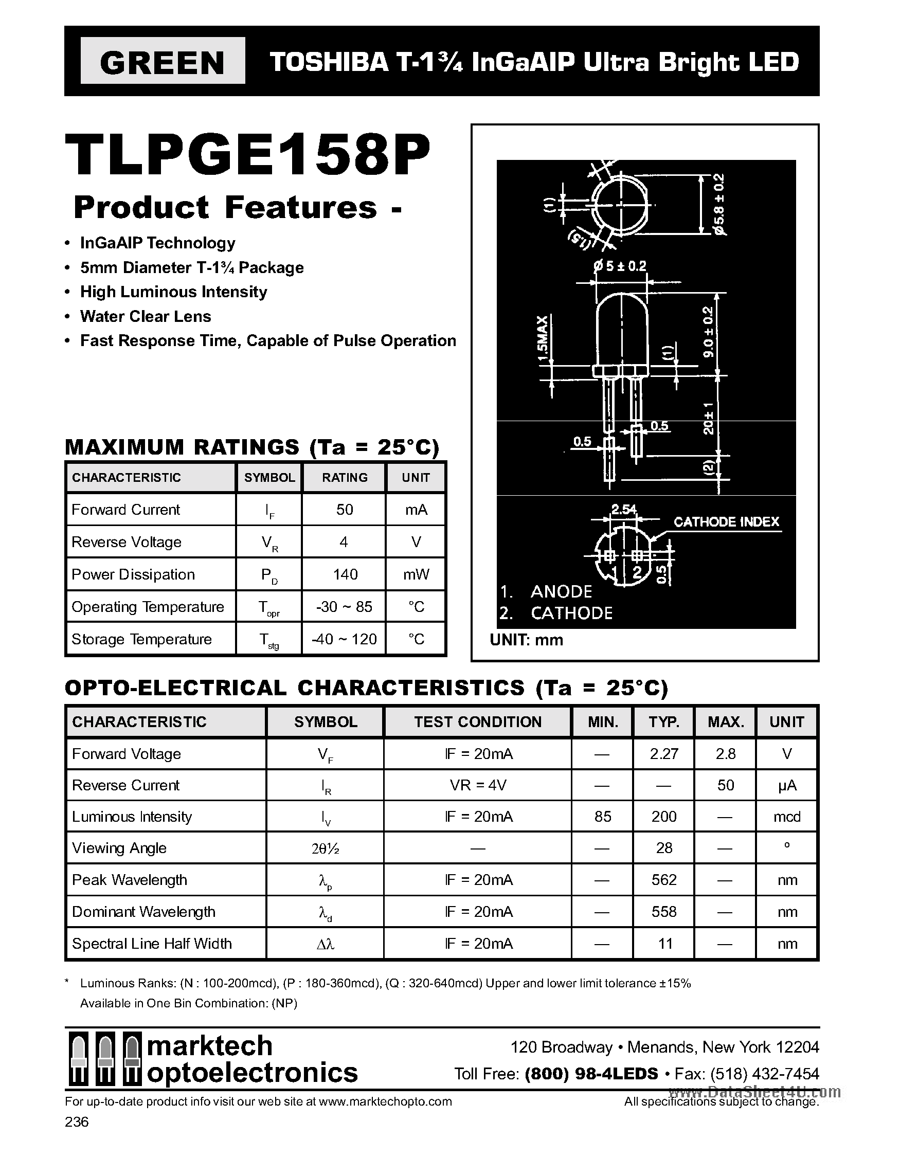 Даташит TLPGE158P - T-1 3/4 InGaAIP Ultra Bright LED страница 1