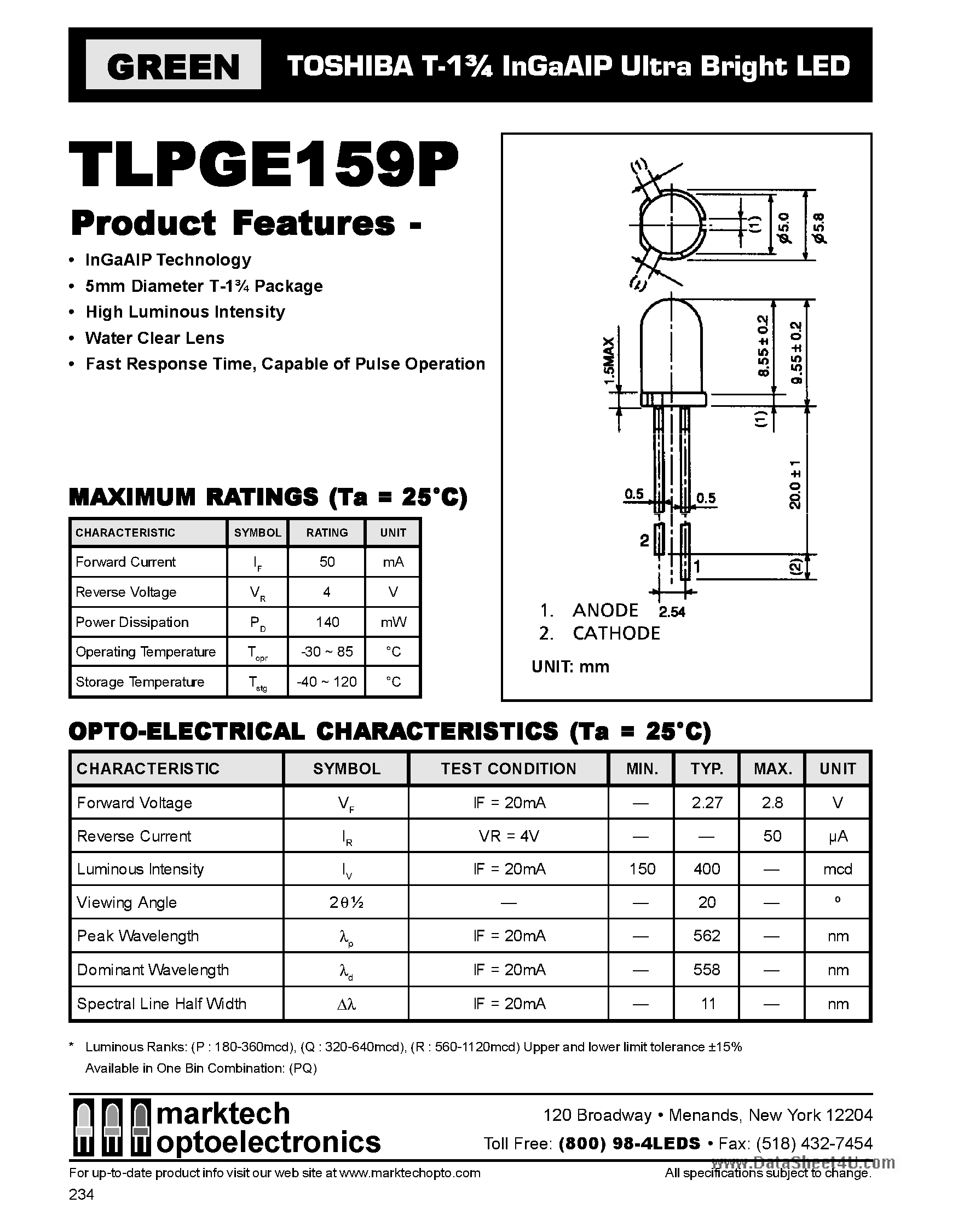 Даташит TLPGE159P - T-1 3/4 InGaAIP Ultra Bright LED страница 1