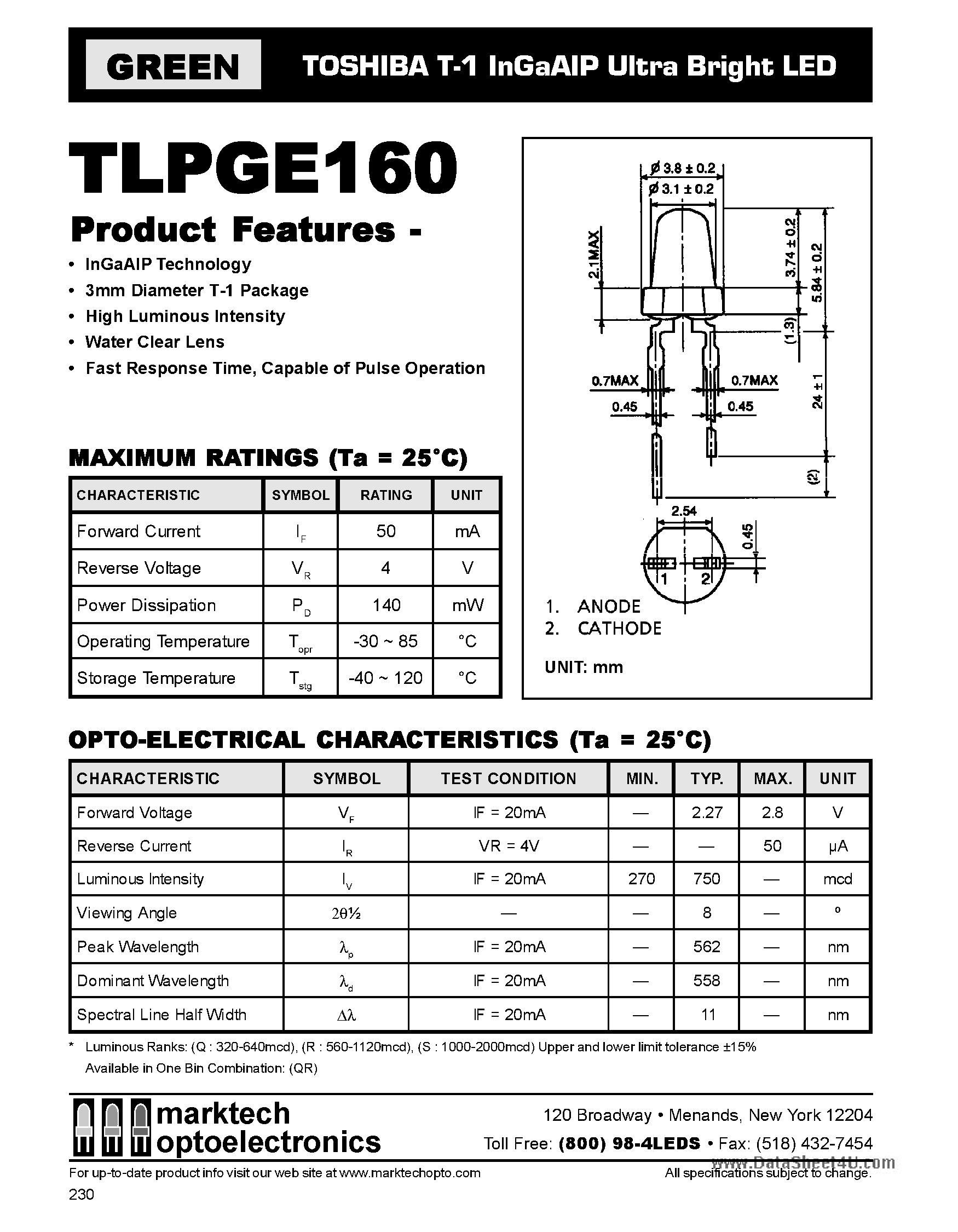 Даташит TLPGE160 - T-1 InGaAIP Ultra Bright LED страница 1