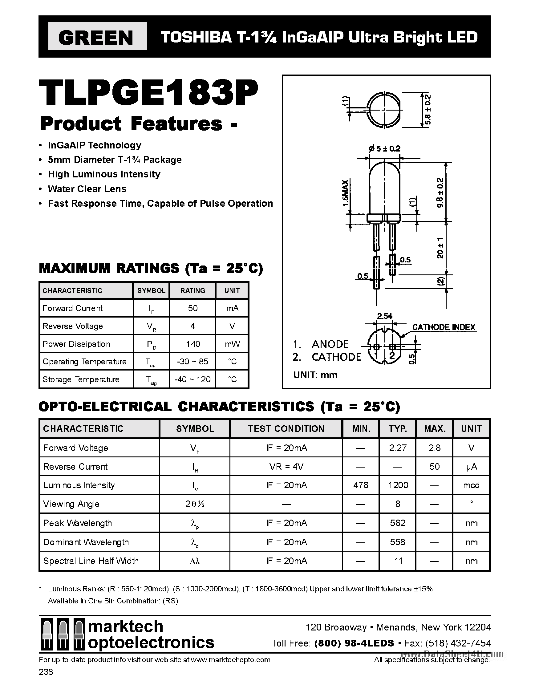 Даташит TLPGE183P - T-1 3/4 InGaAIP Ultra Bright LED страница 1