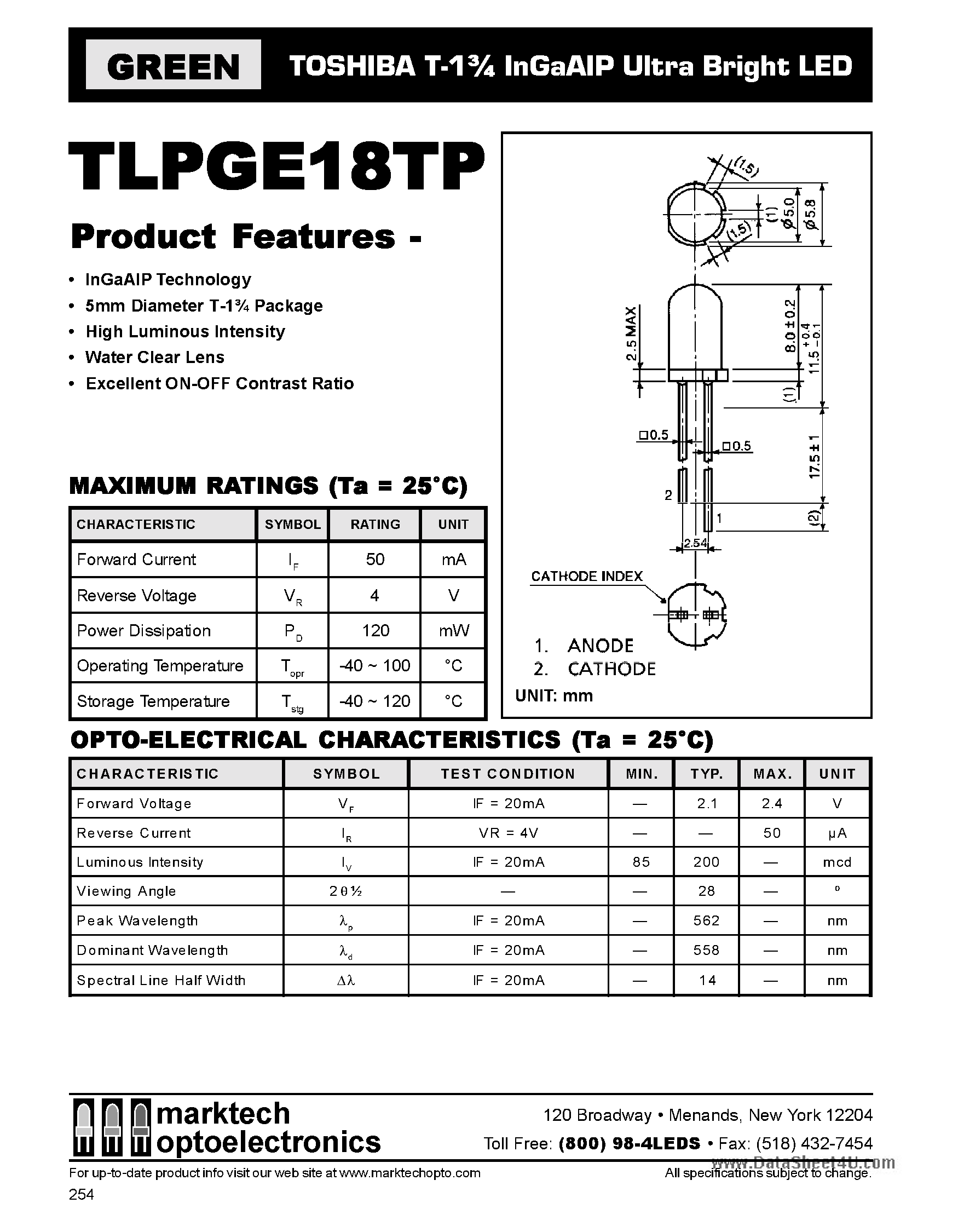 Даташит TLPGE18TP - T-1 3/4 InGaAIP Ultra Bright LED страница 1