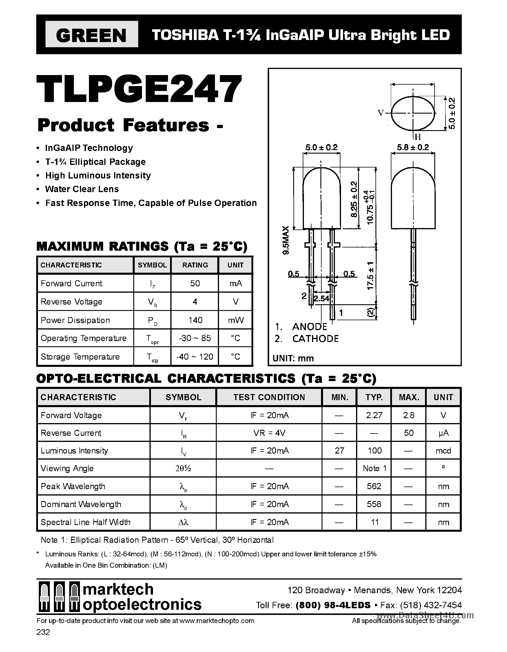 Даташит TLPGE247 - T-1 3/4 InGaAIP Ultra Bright LED страница 1