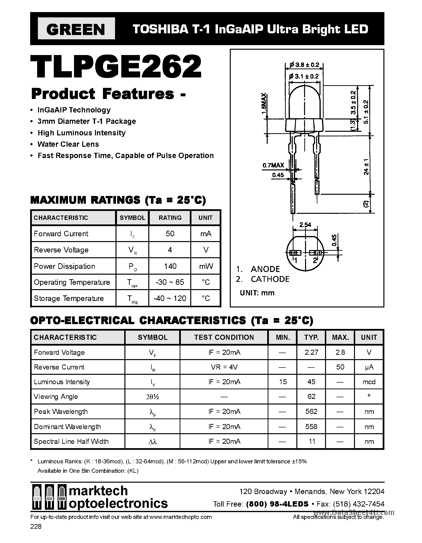 Даташит TLPGE262 - T-1 InGaAIP Ultra Bright LED страница 1