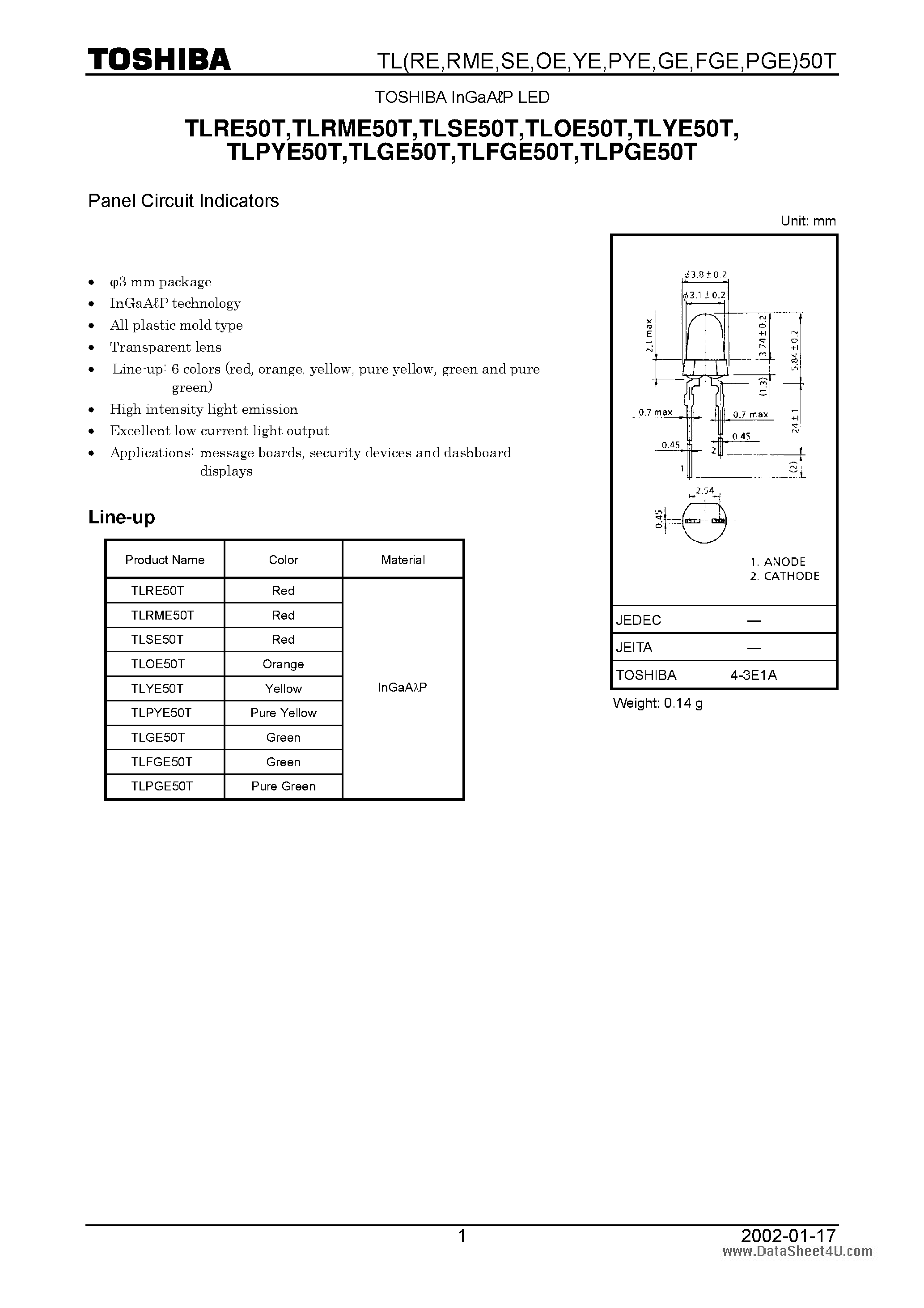 Даташит TLPGE50T - InGaALP LED страница 1