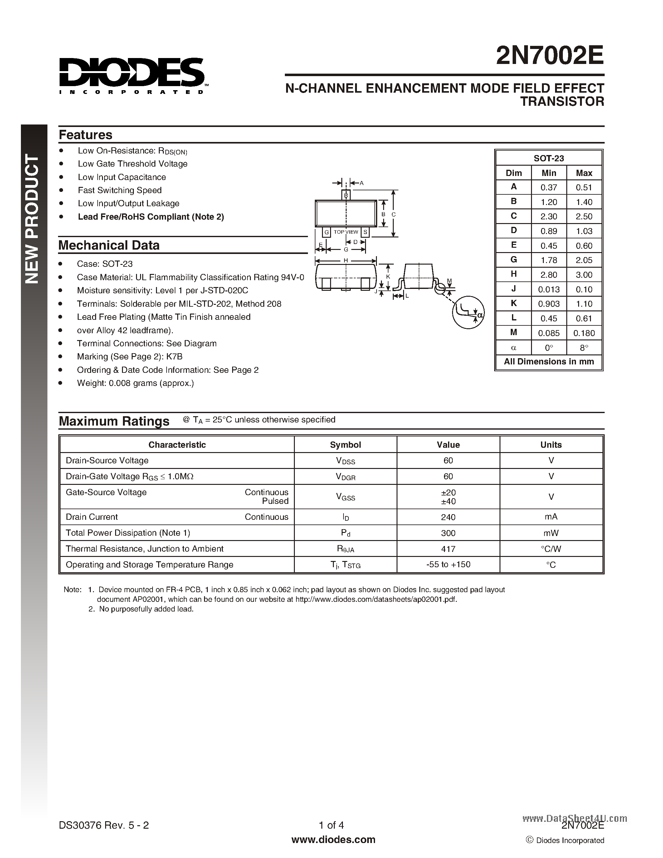 Даташит 2N7002E - N-CHANNEL ENHANCEMENT MODE FIELD EFFECT TRANSISTOR страница 1