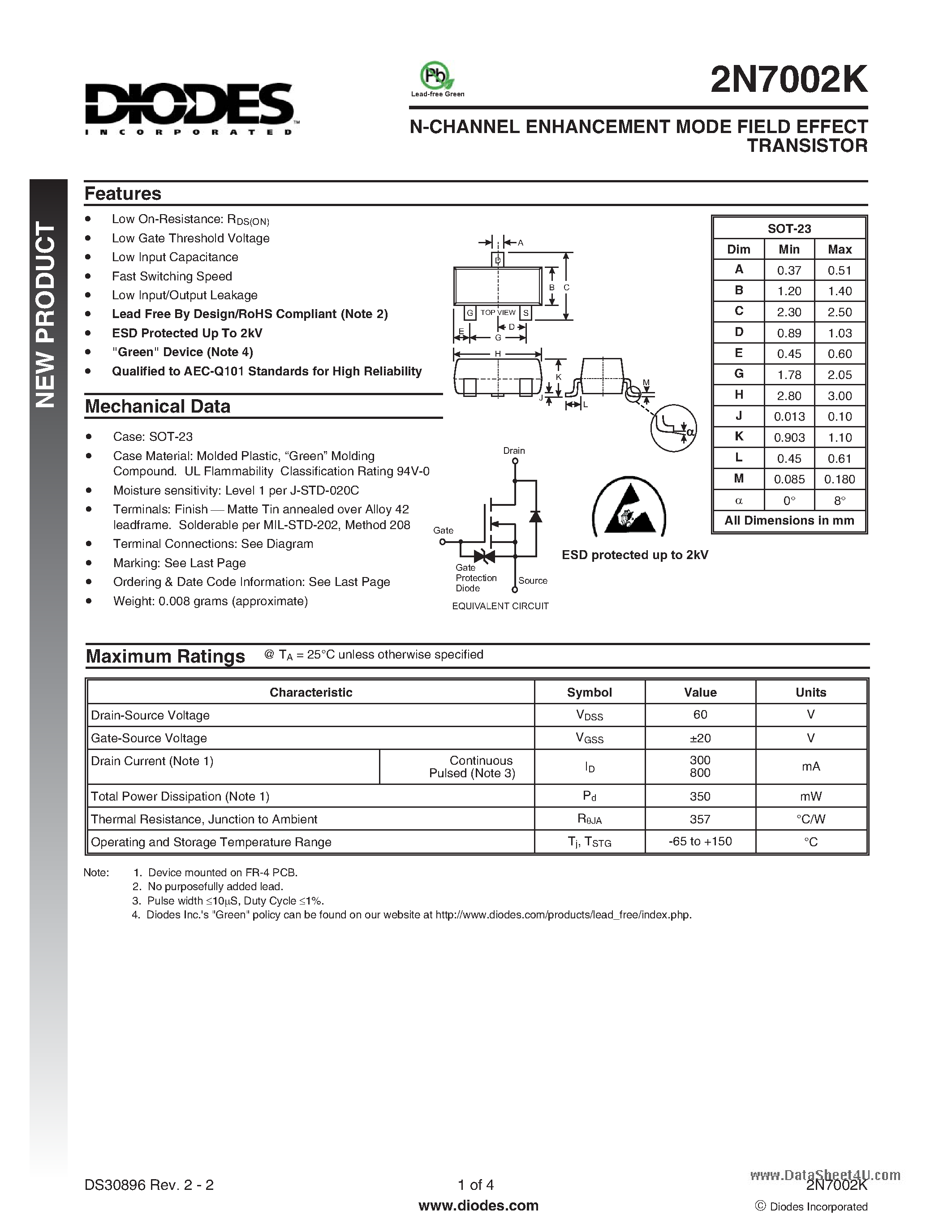 Даташит 2N7002K - N-CHANNEL ENHANCEMENT MODE FIELD EFFECT TRANSISTOR страница 1