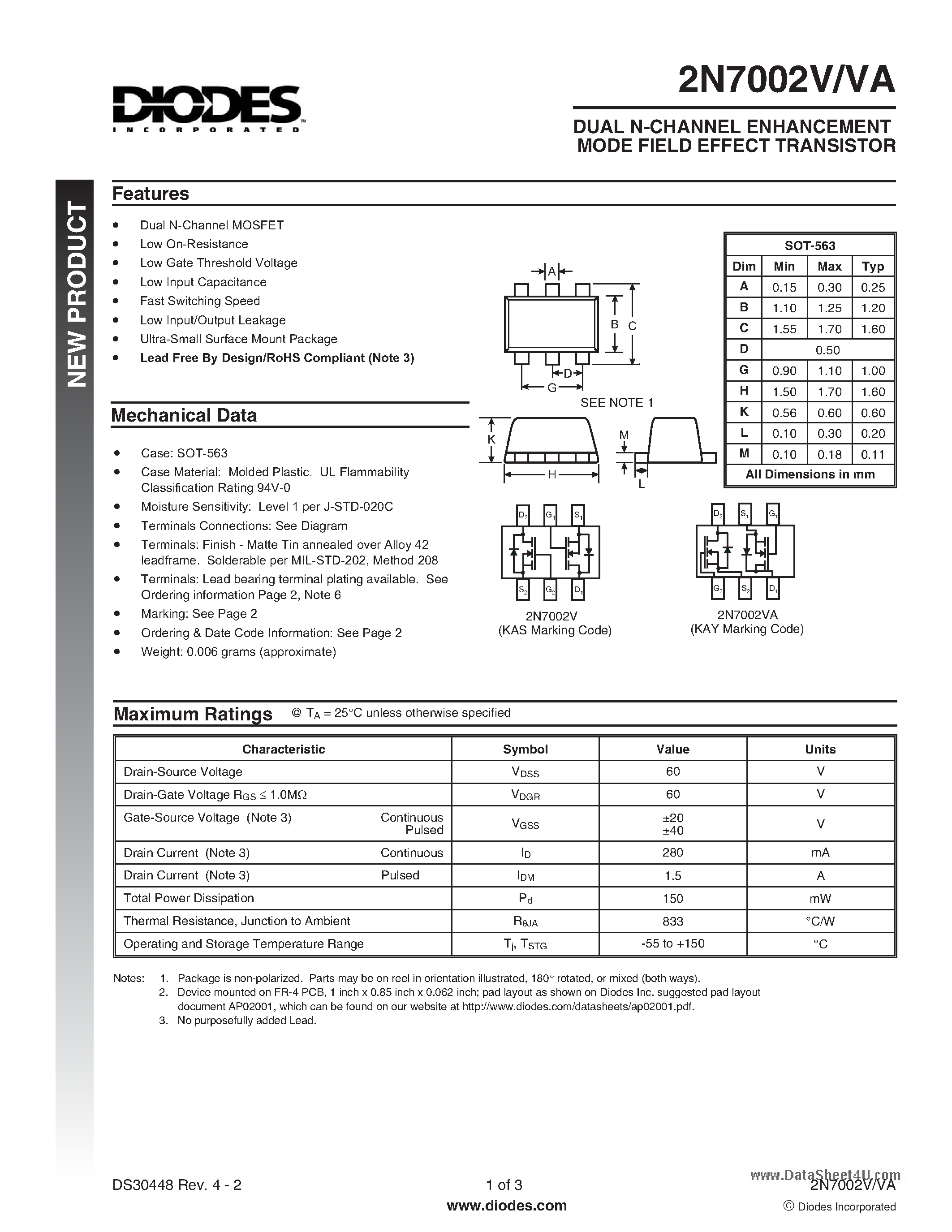 Даташит 2N7002V - DUAL N-CHANNEL ENHANCEMENT MODE FIELD EFFECT TRANSISTOR страница 1