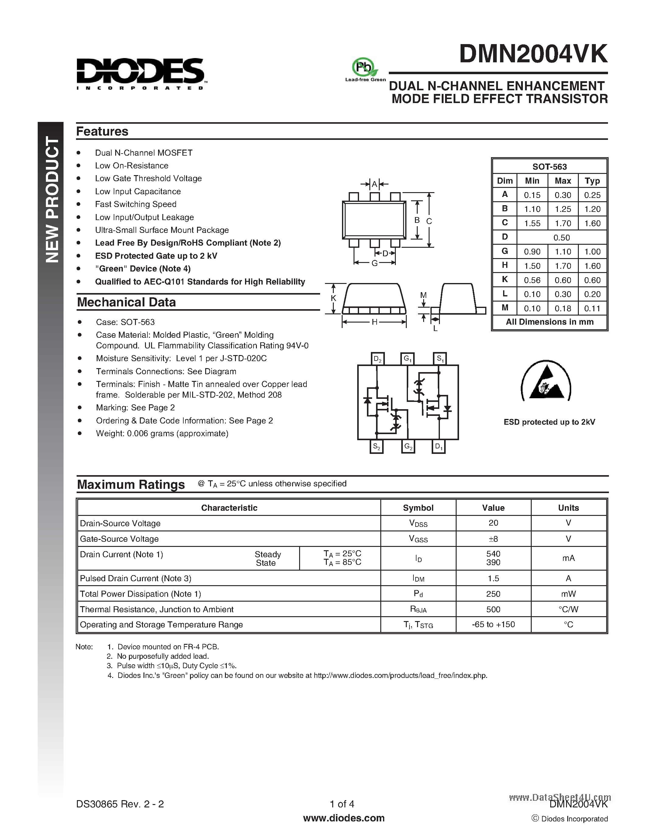 Даташит DMN2004VK - DUAL N-CHANNEL ENHANCEMENT MODE FIELD EFFECT TRANSISTOR страница 1