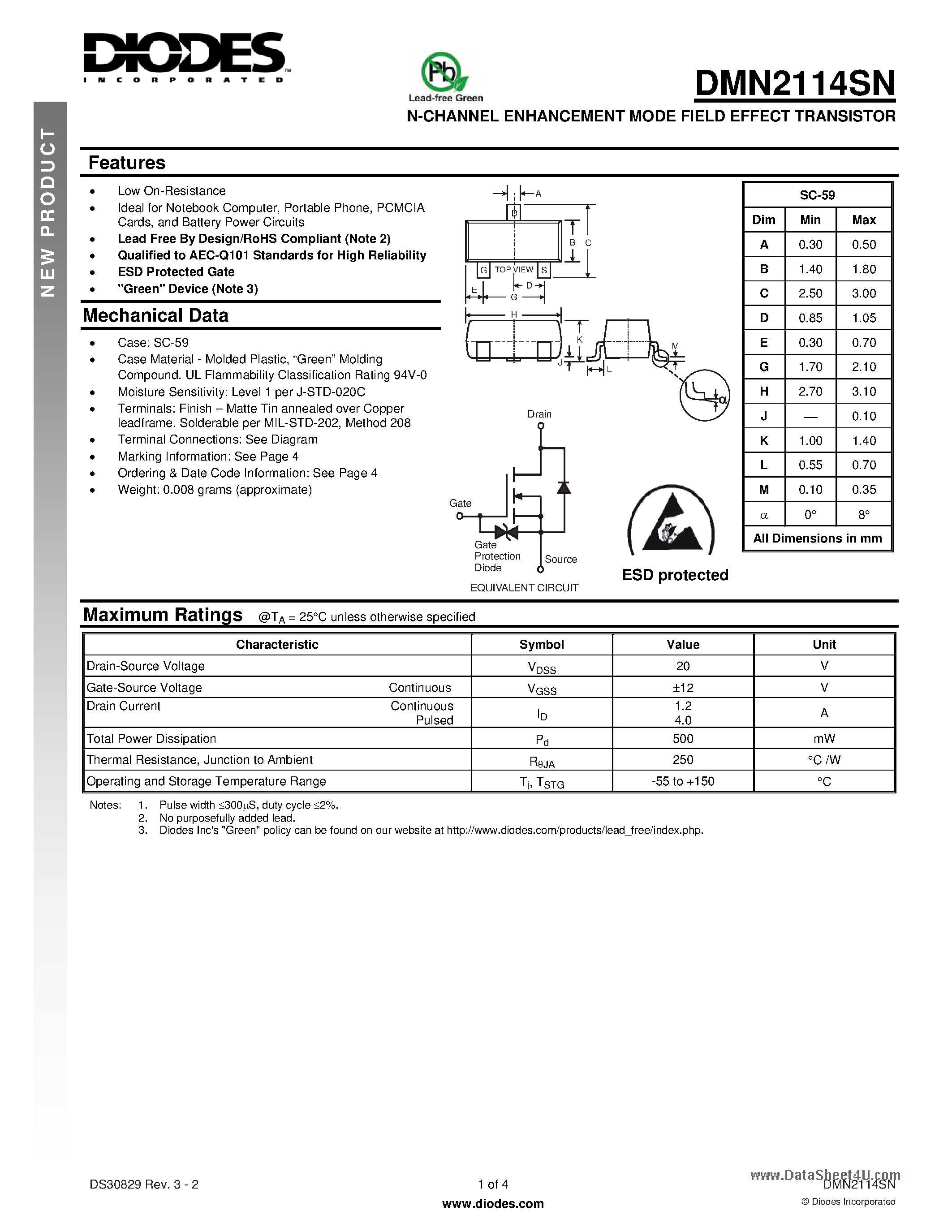 Даташит DMN2114SN - N-CHANNEL ENHANCEMENT MODE FIELD EFFECT TRANSISTOR страница 1