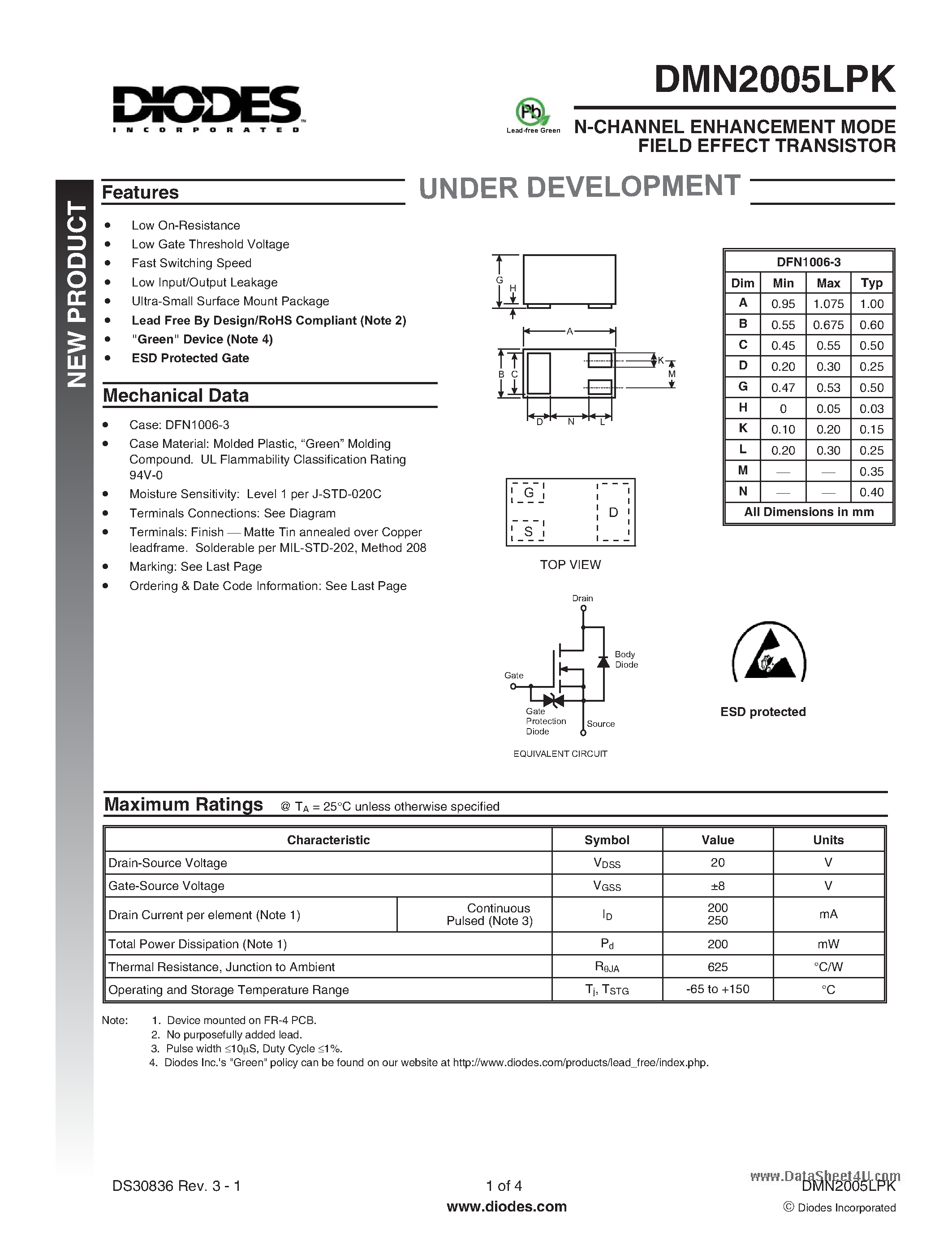 Даташит DMN2005LPK - N-CHANNEL ENHANCEMENT MODE FIELD EFFECT TRANSISTOR страница 1