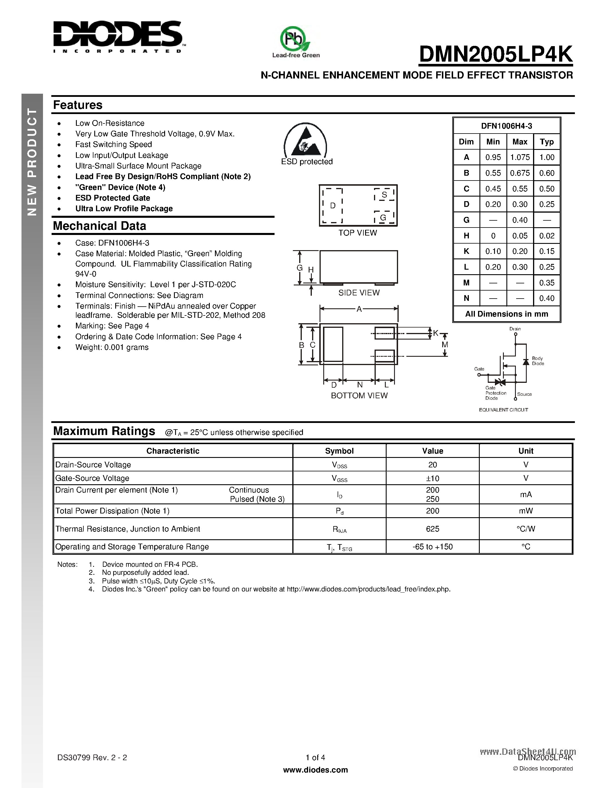 Даташит DMN2005LP4K - N-CHANNEL ENHANCEMENT MODE FIELD EFFECT TRANSISTOR страница 1