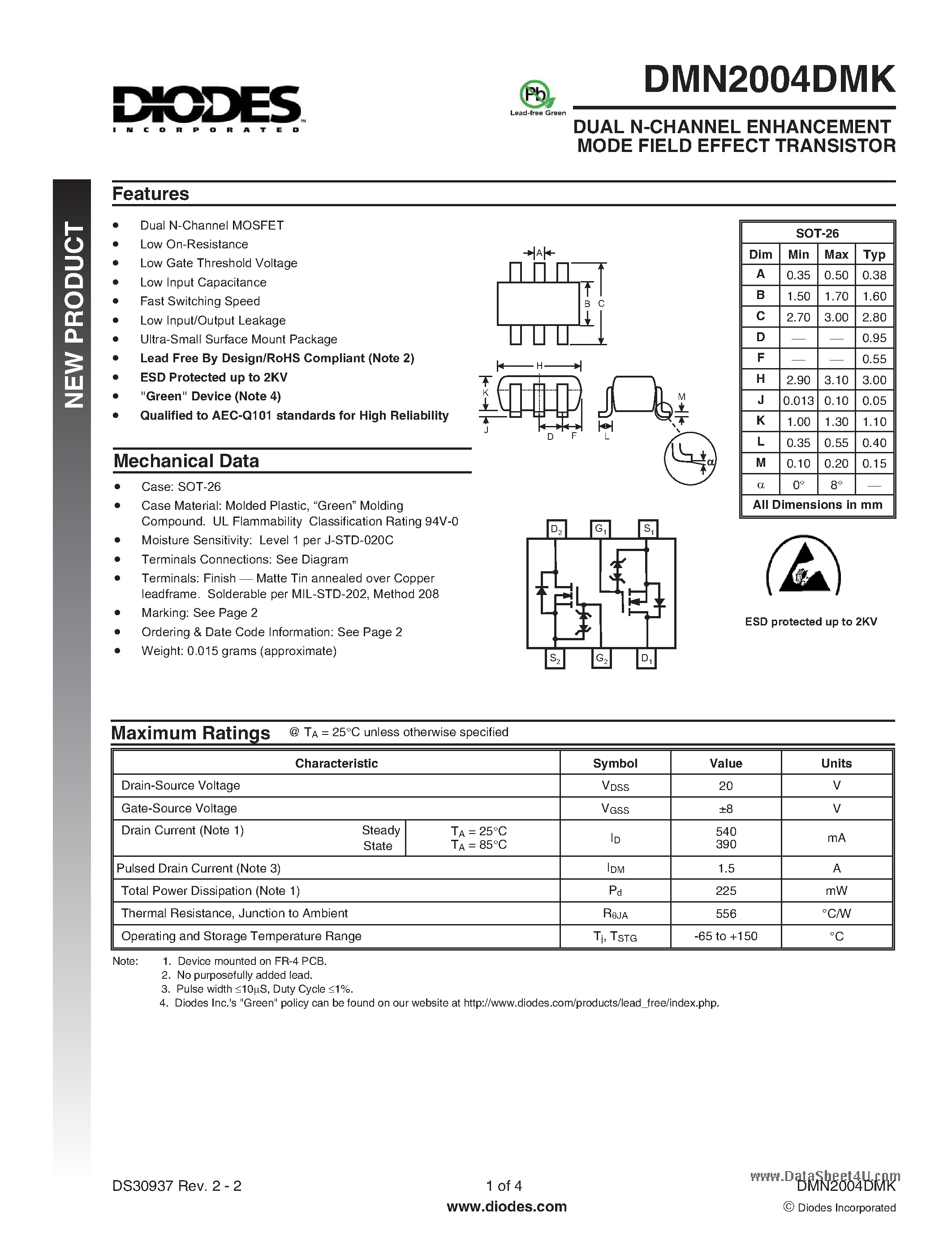 Даташит DMN2004DMK - DUAL N-CHANNEL ENHANCEMENT MODE FIELD EFFECT TRANSISTOR страница 1