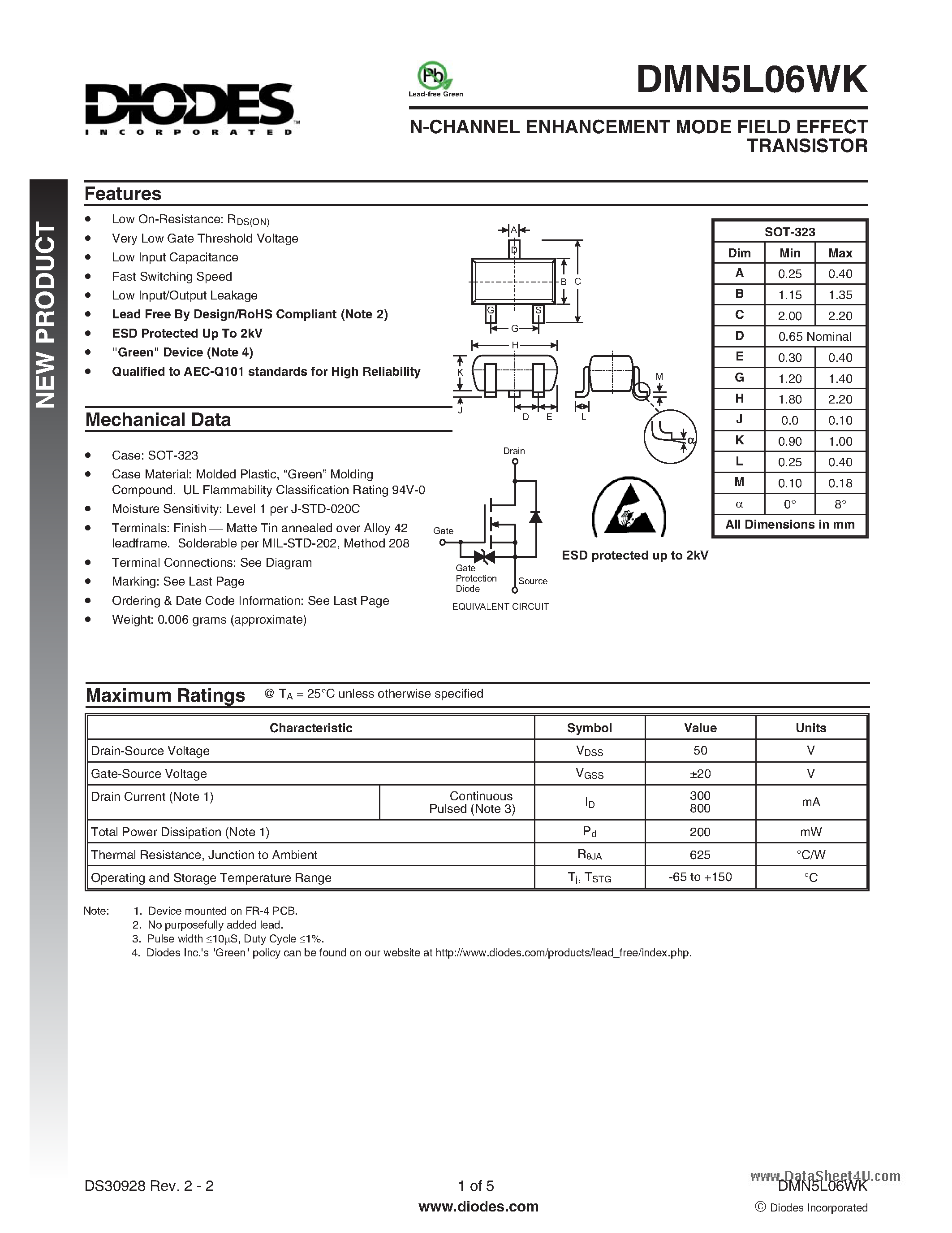 Даташит DMN5L06WK - N-CHANNEL ENHANCEMENT MODE FIELD EFFECT TRANSISTOR страница 1