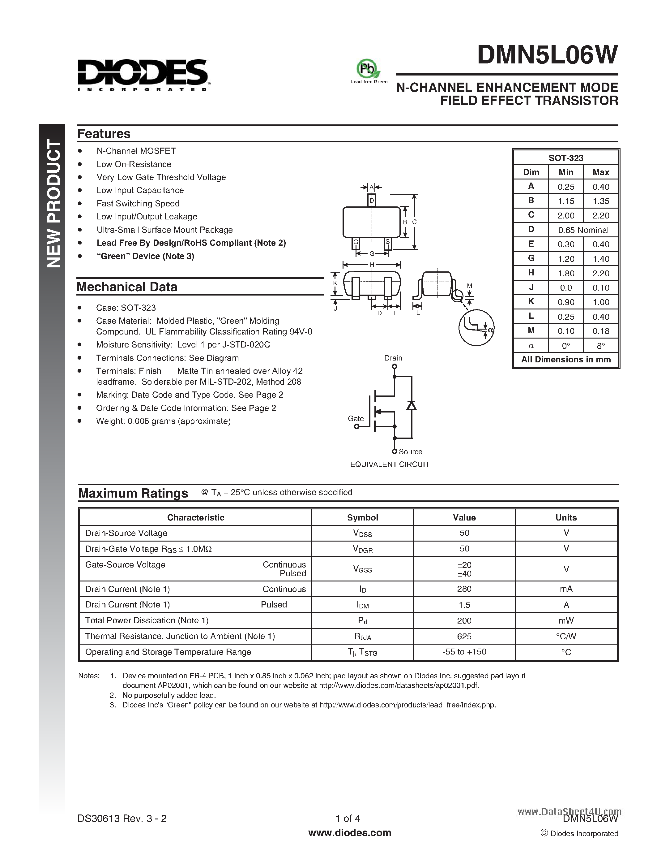 Даташит DMN5L06W - N-CHANNEL ENHANCEMENT MODE FIELD EFFECT TRANSISTOR страница 1