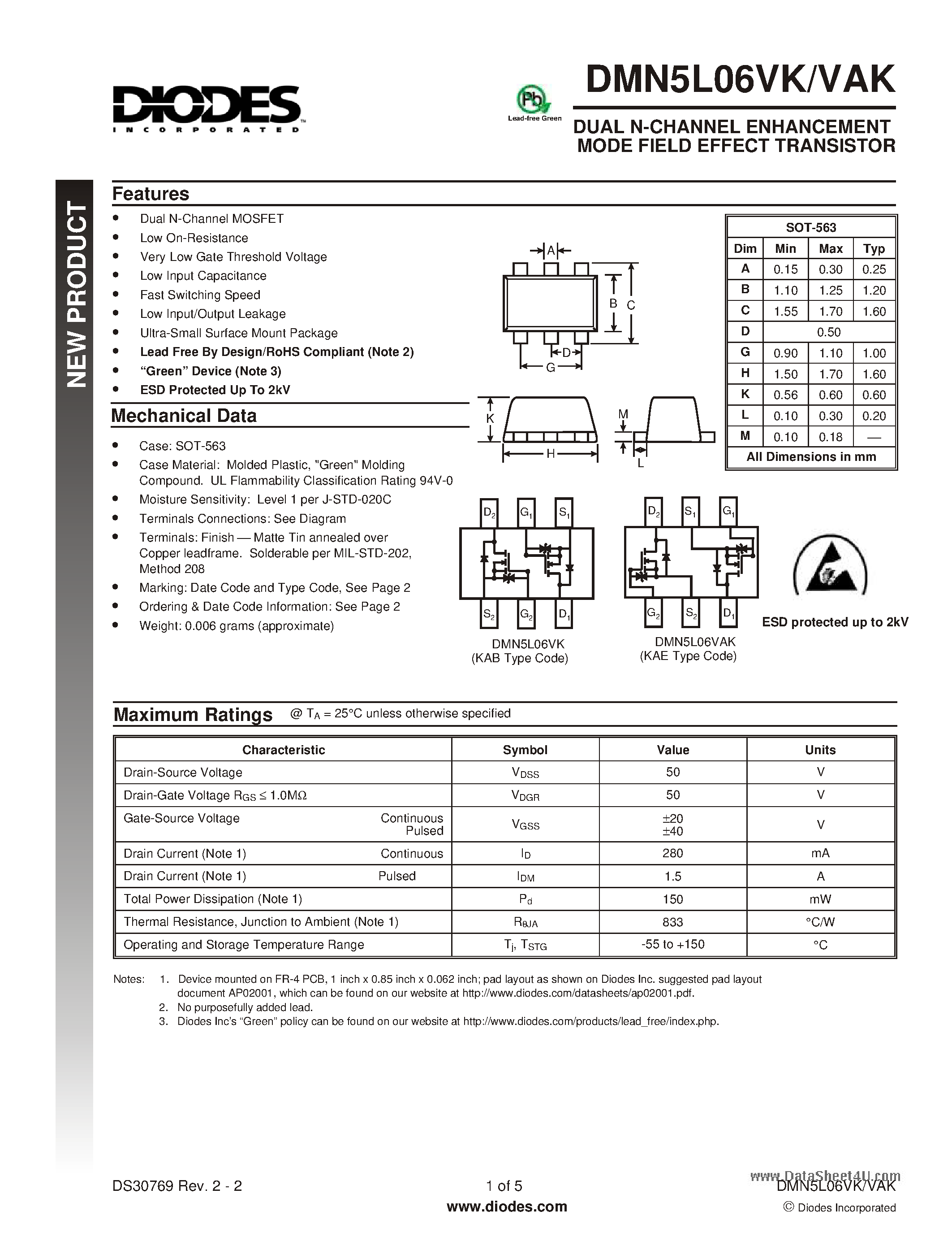 Даташит DMN5L06VAK - DUAL N-CHANNEL ENHANCEMENT MODE FIELD EFFECT TRANSISTOR страница 1