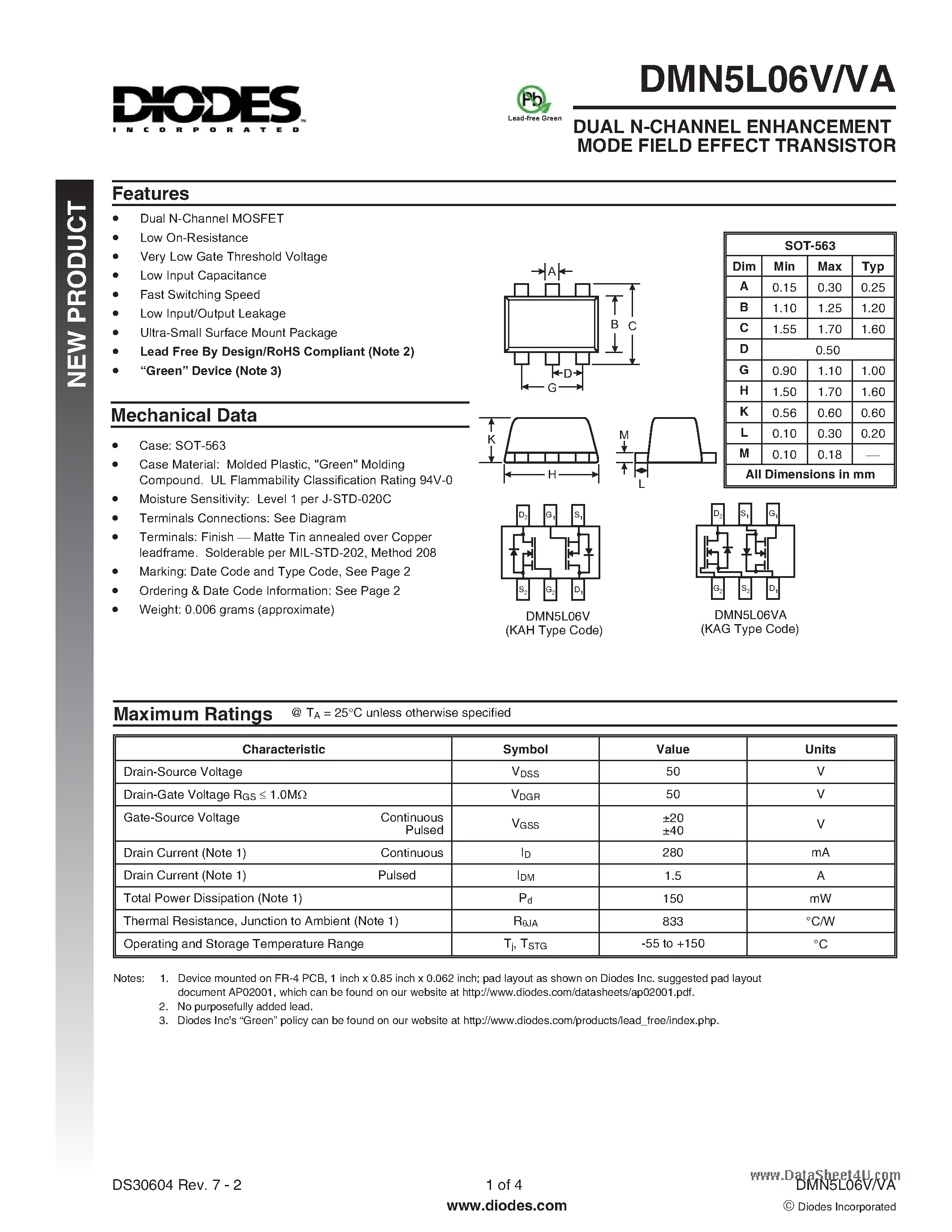 Даташит DMN5L06V - DUAL N-CHANNEL ENHANCEMENT MODE FIELD EFFECT TRANSISTOR страница 1