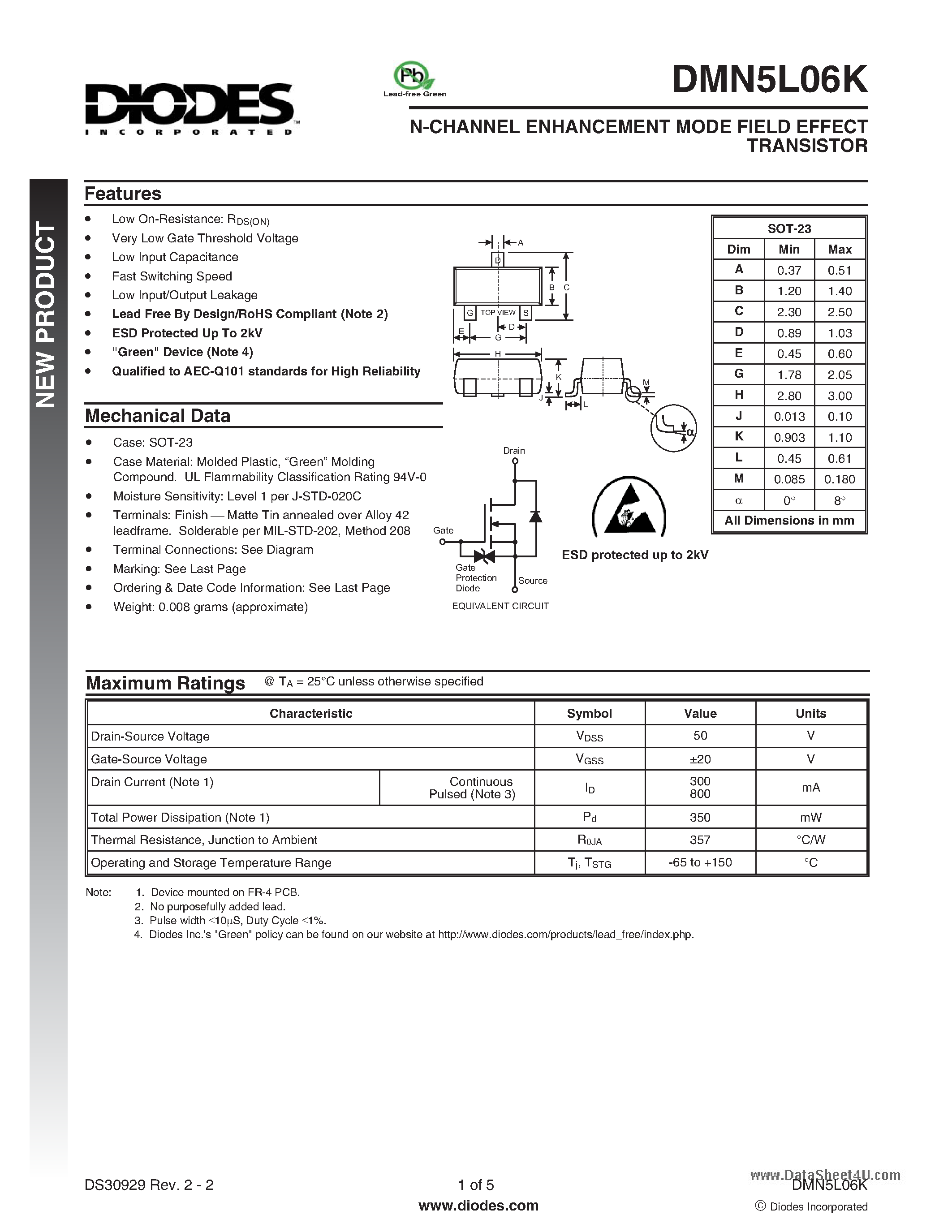 Даташит DMN5L06K - N-CHANNEL ENHANCEMENT MODE FIELD EFFECT TRANSISTOR страница 1