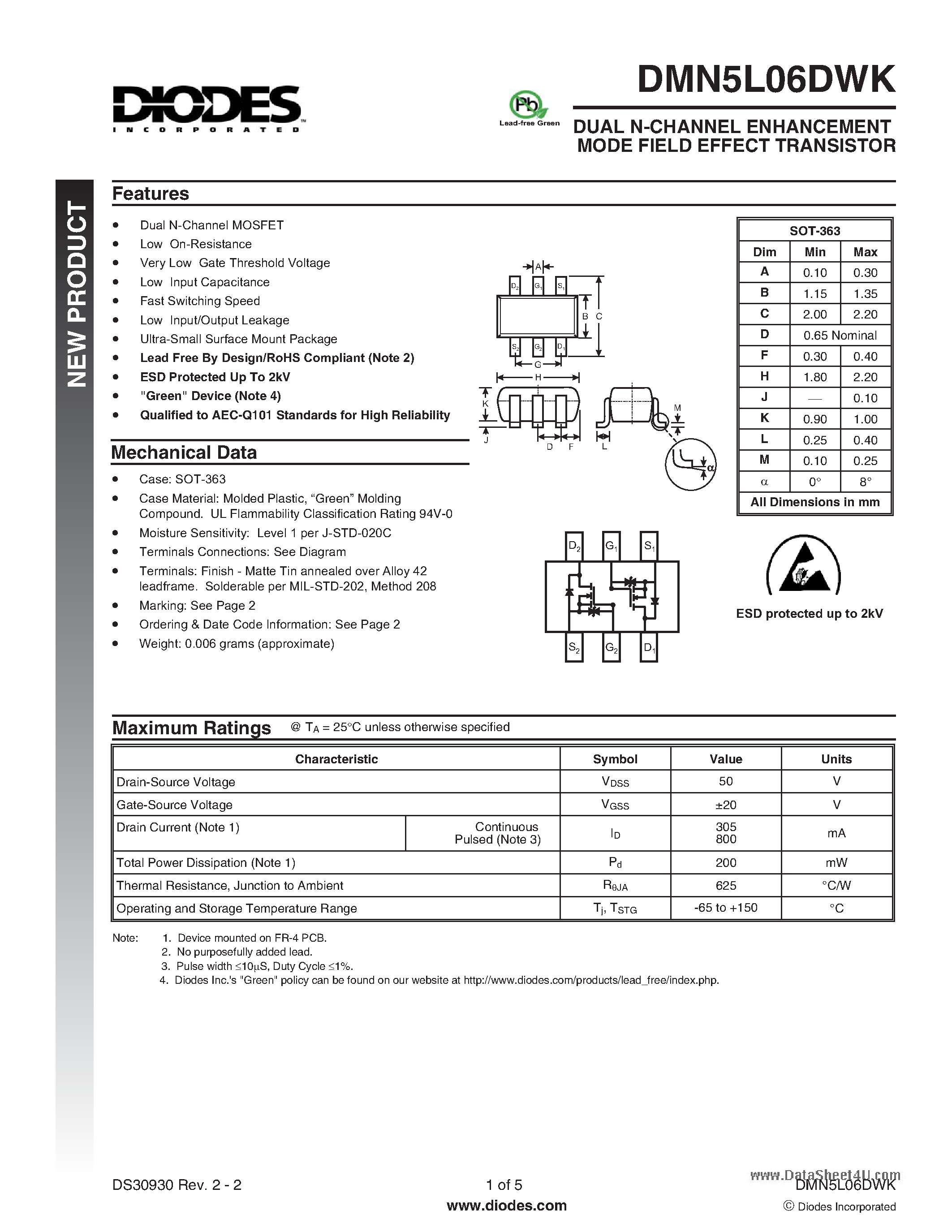 Даташит DMN5L06DWK - DUAL N-CHANNEL ENHANCEMENT MODE FIELD EFFECT TRANSISTOR страница 1